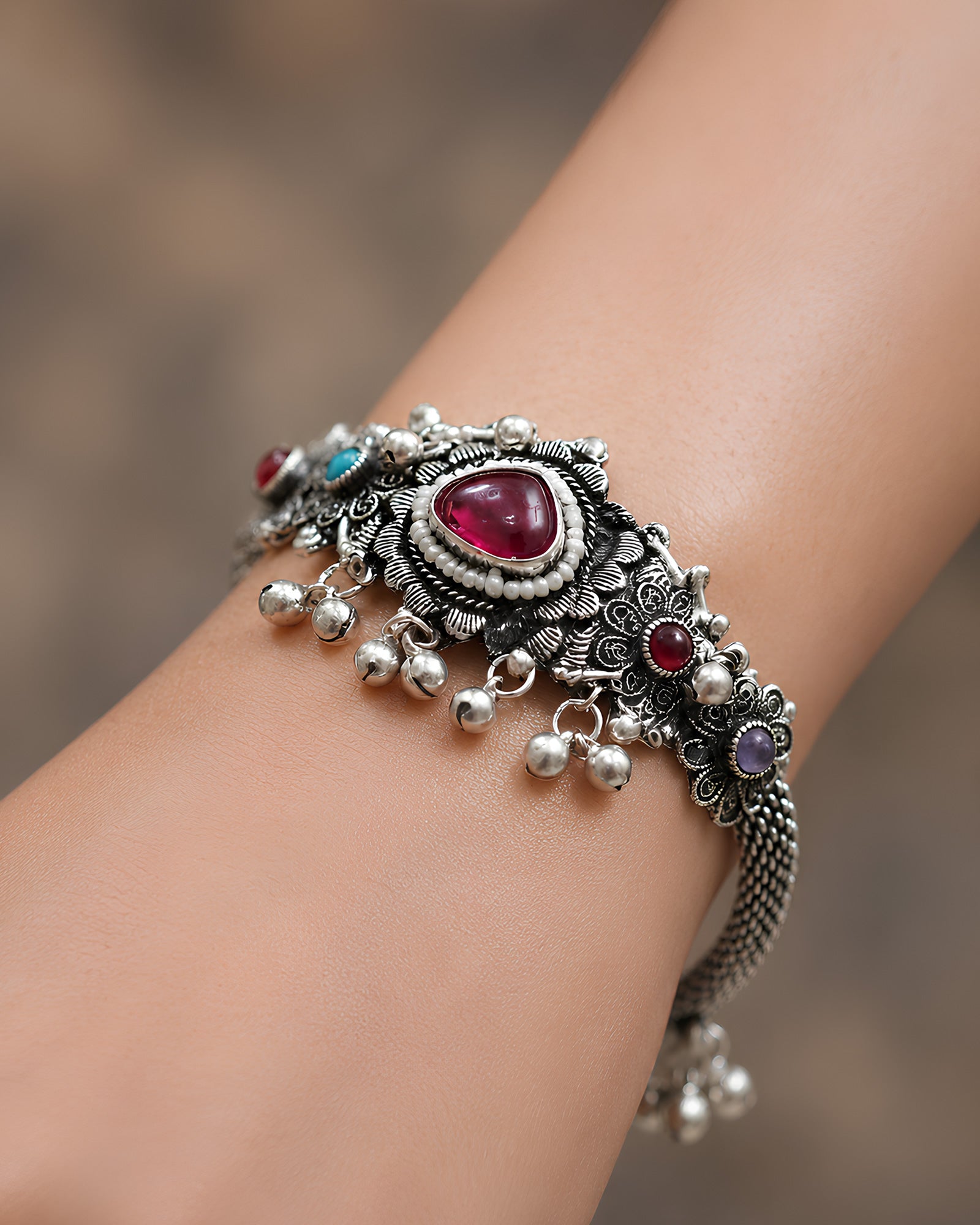 Ruby Stone Cluster & Ghungroo-Fringed Oxidized Kada