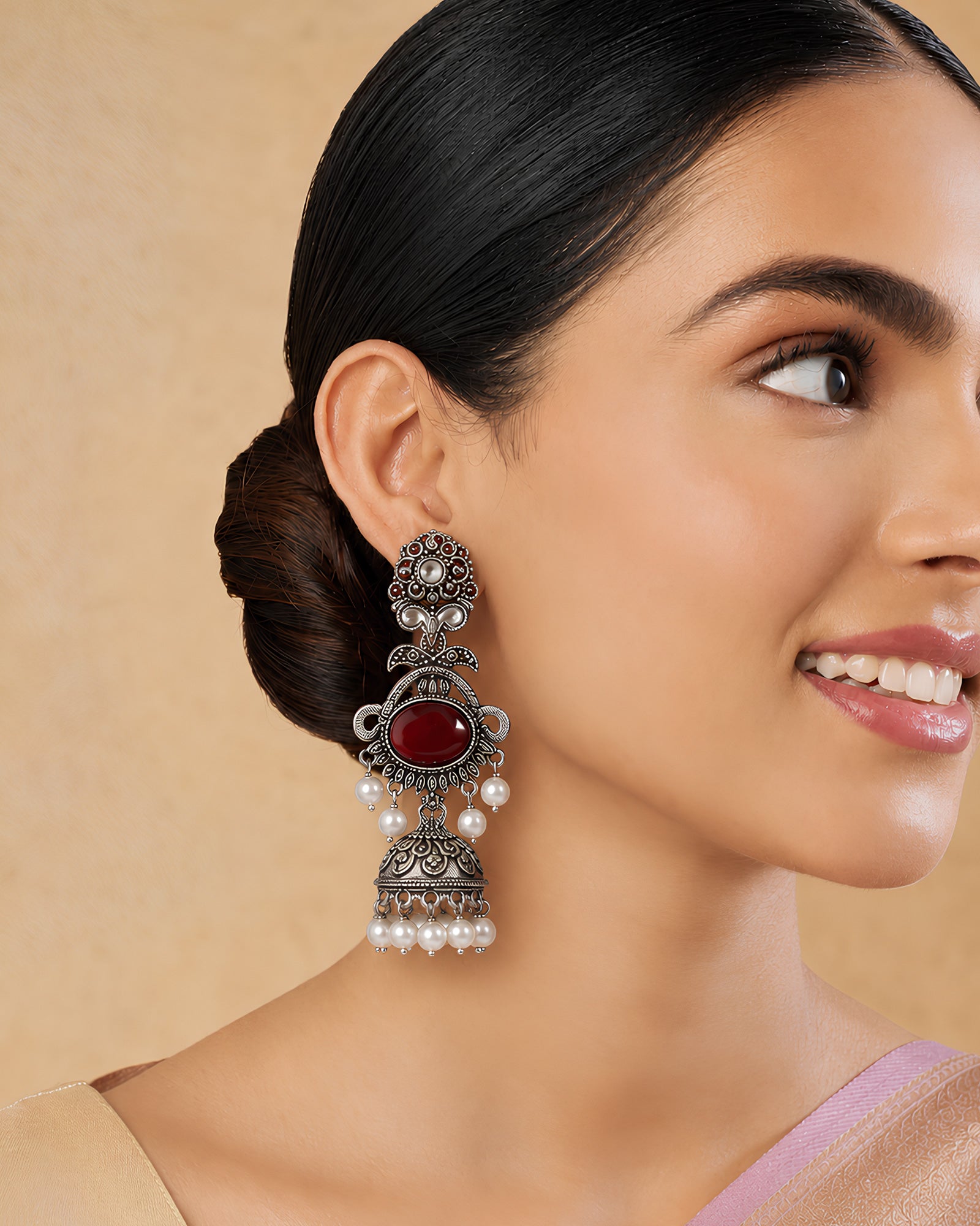 Ruby Stone Oval Jhumka Oxidized Earrings