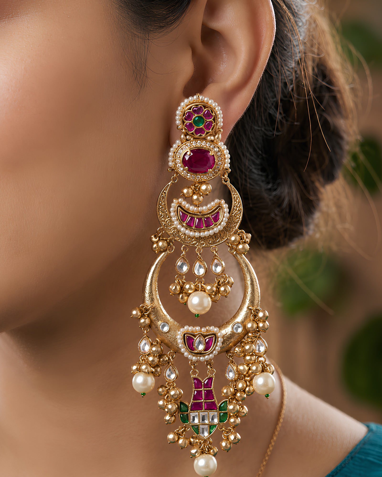 Ruby Stone Royal Crescent Drop Earrings