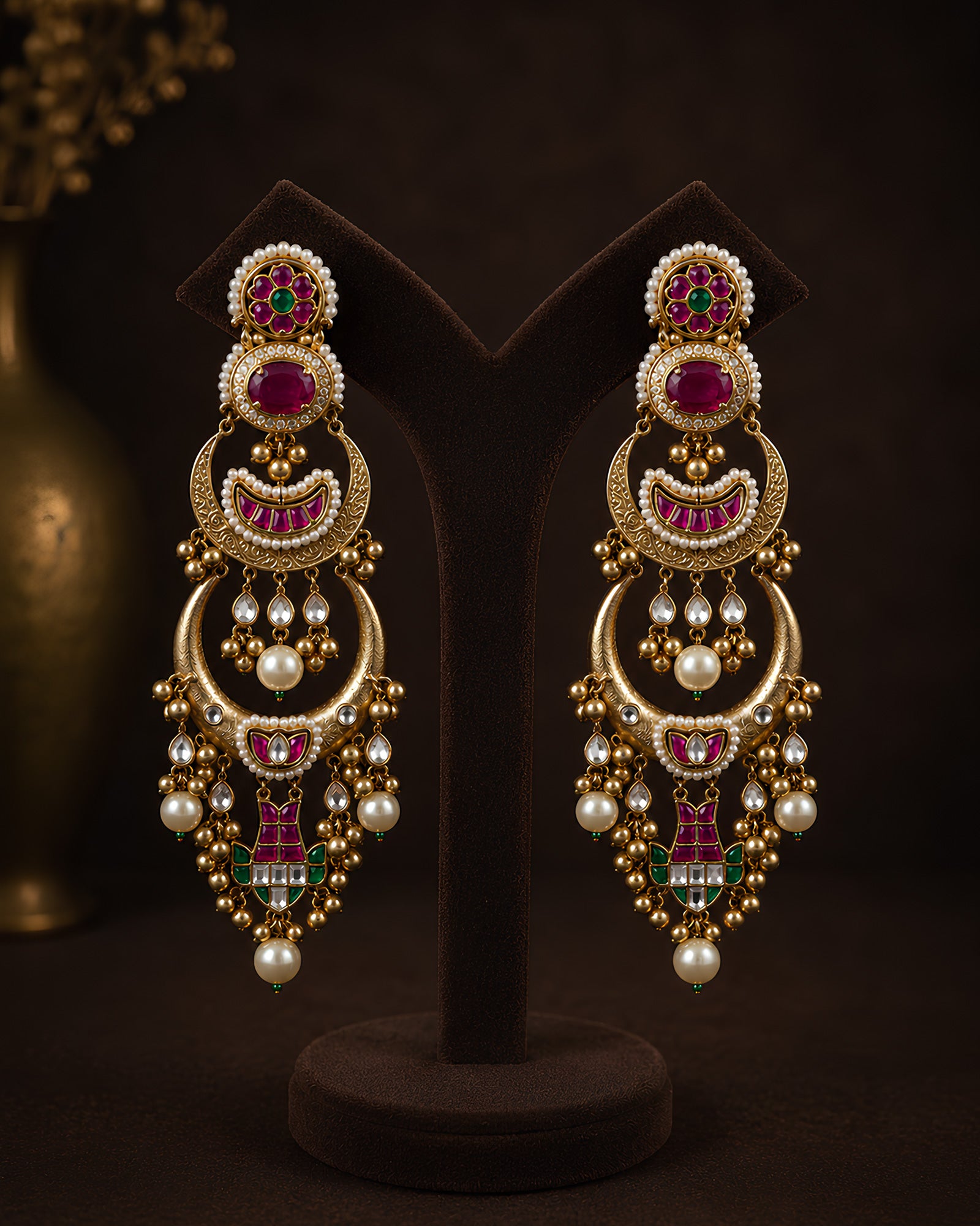 Ruby Stone Royal Crescent Drop Earrings