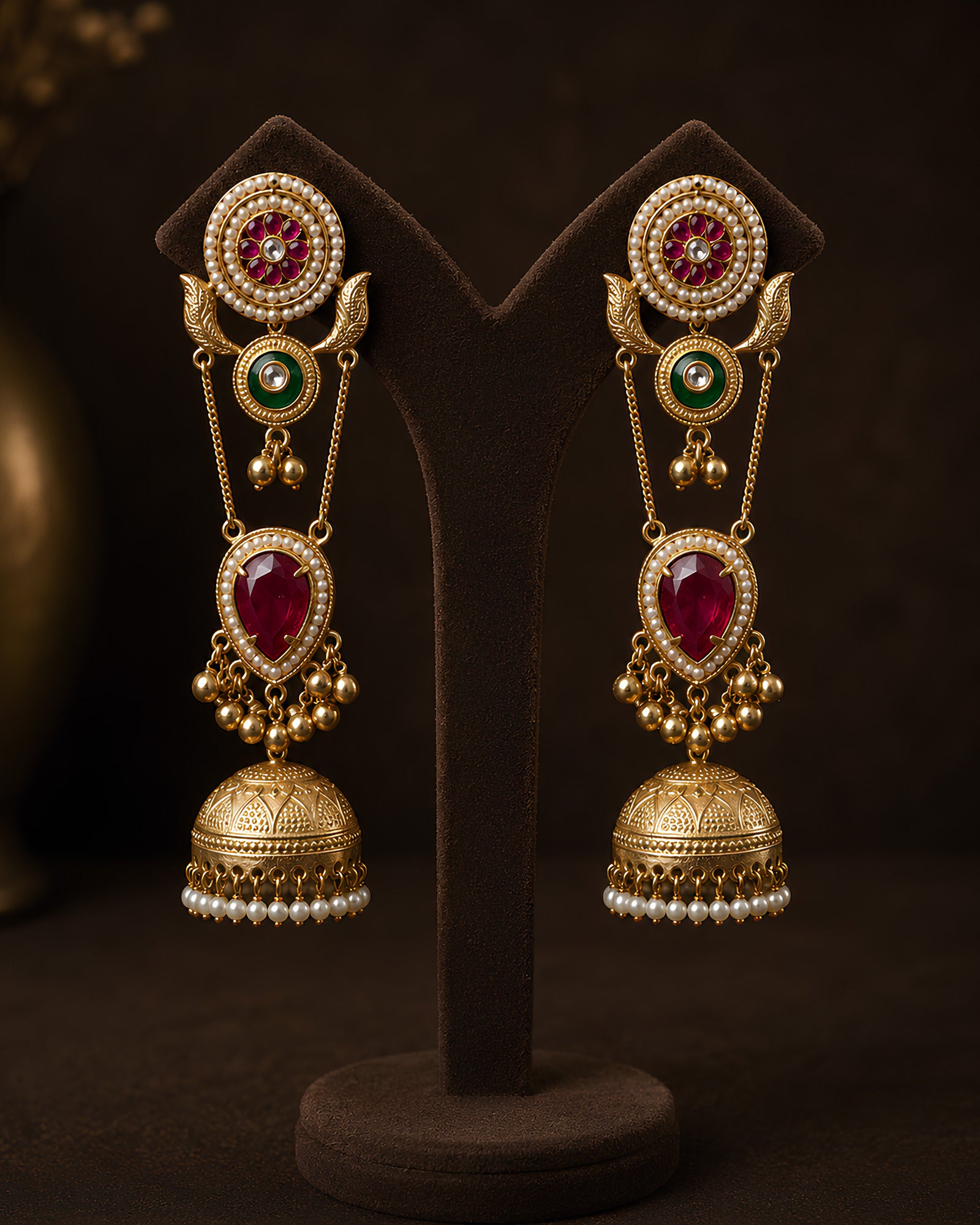 Ruby Stone Tiered Jhumka Earrings