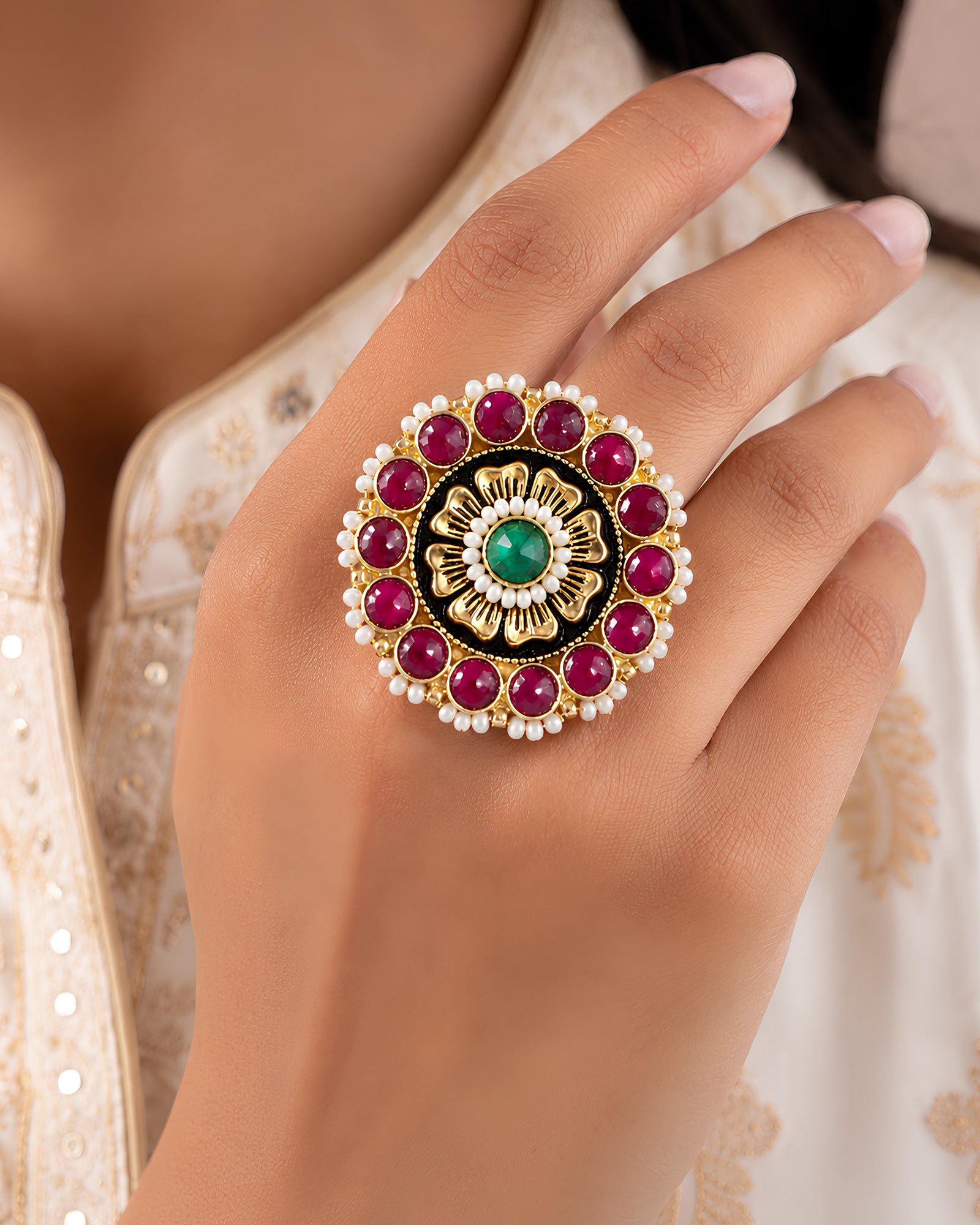 Ruby-Studded Lotus Medallion Statement Ring