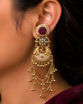 Ruby Studded Peacock & Draped Chain Ghungroo Earrings