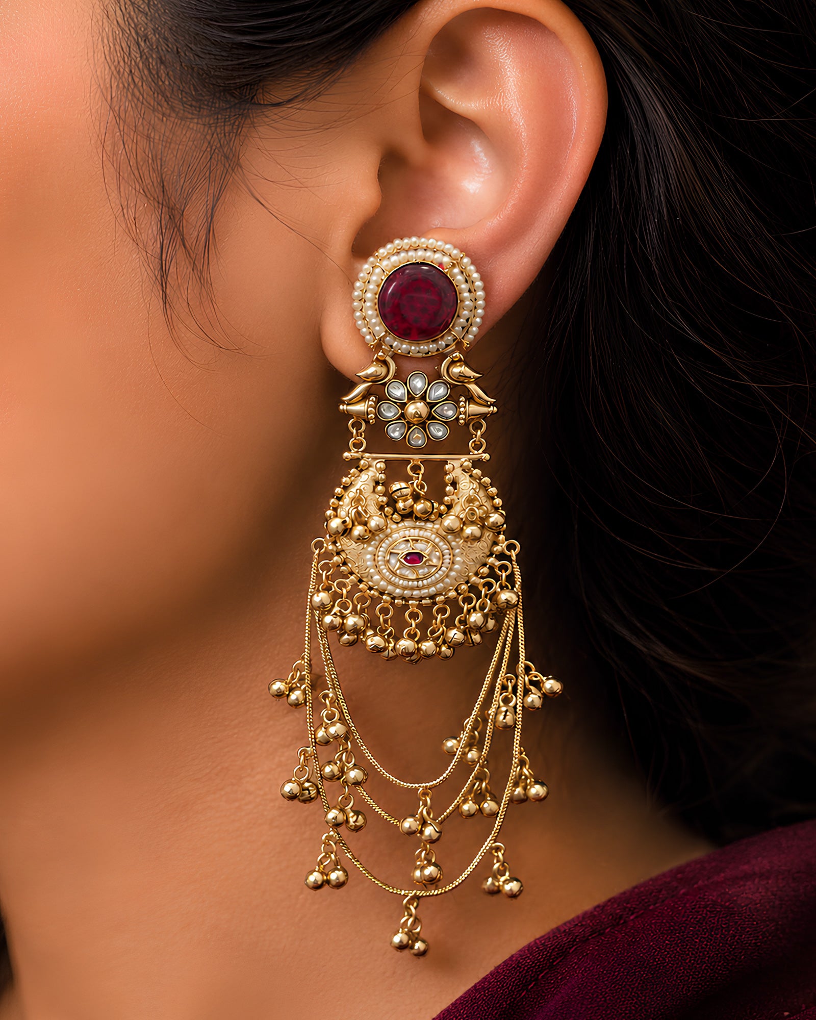 Ruby Studded Peacock & Draped Chain Ghungroo Earrings