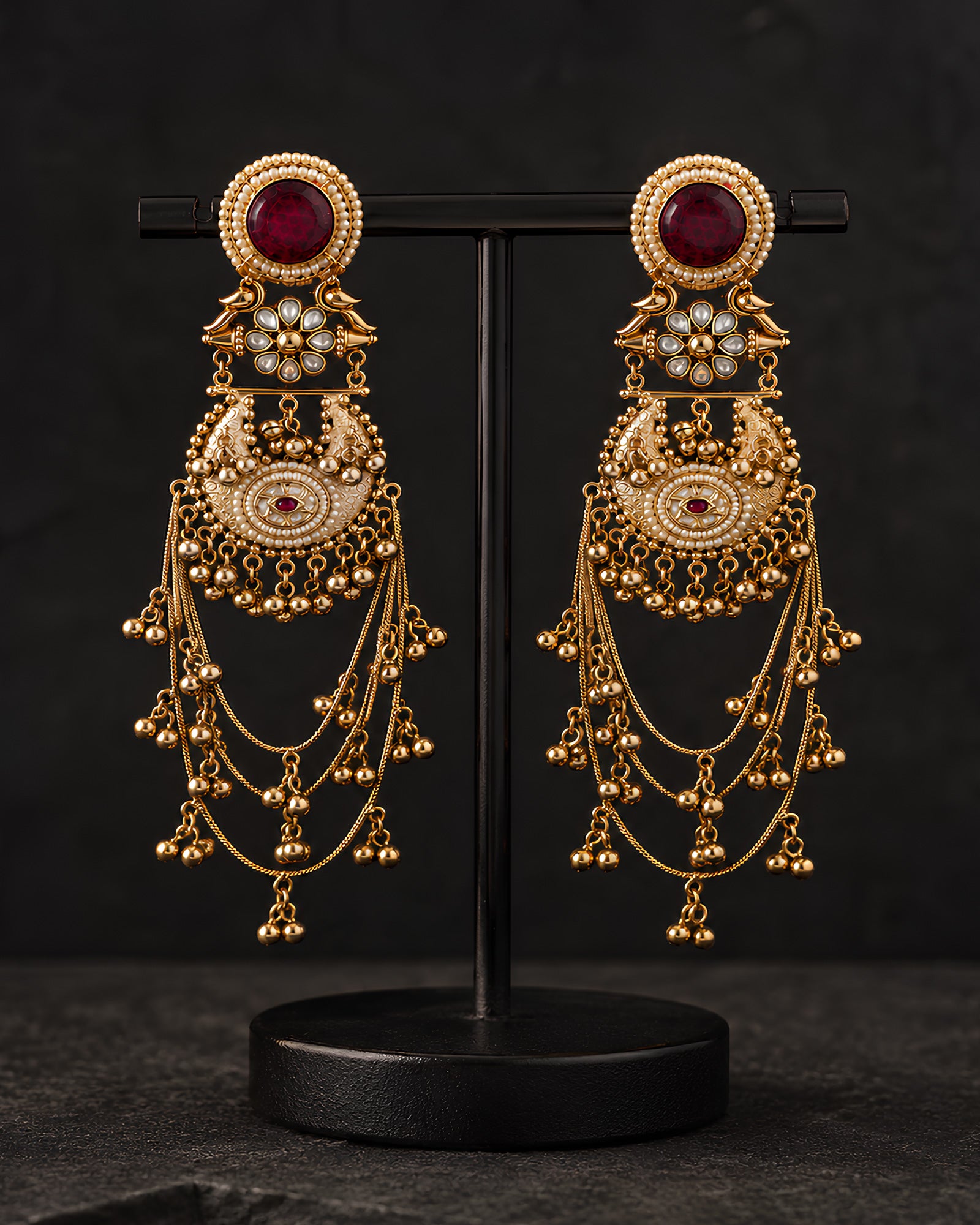 Ruby Studded Peacock & Draped Chain Ghungroo Earrings