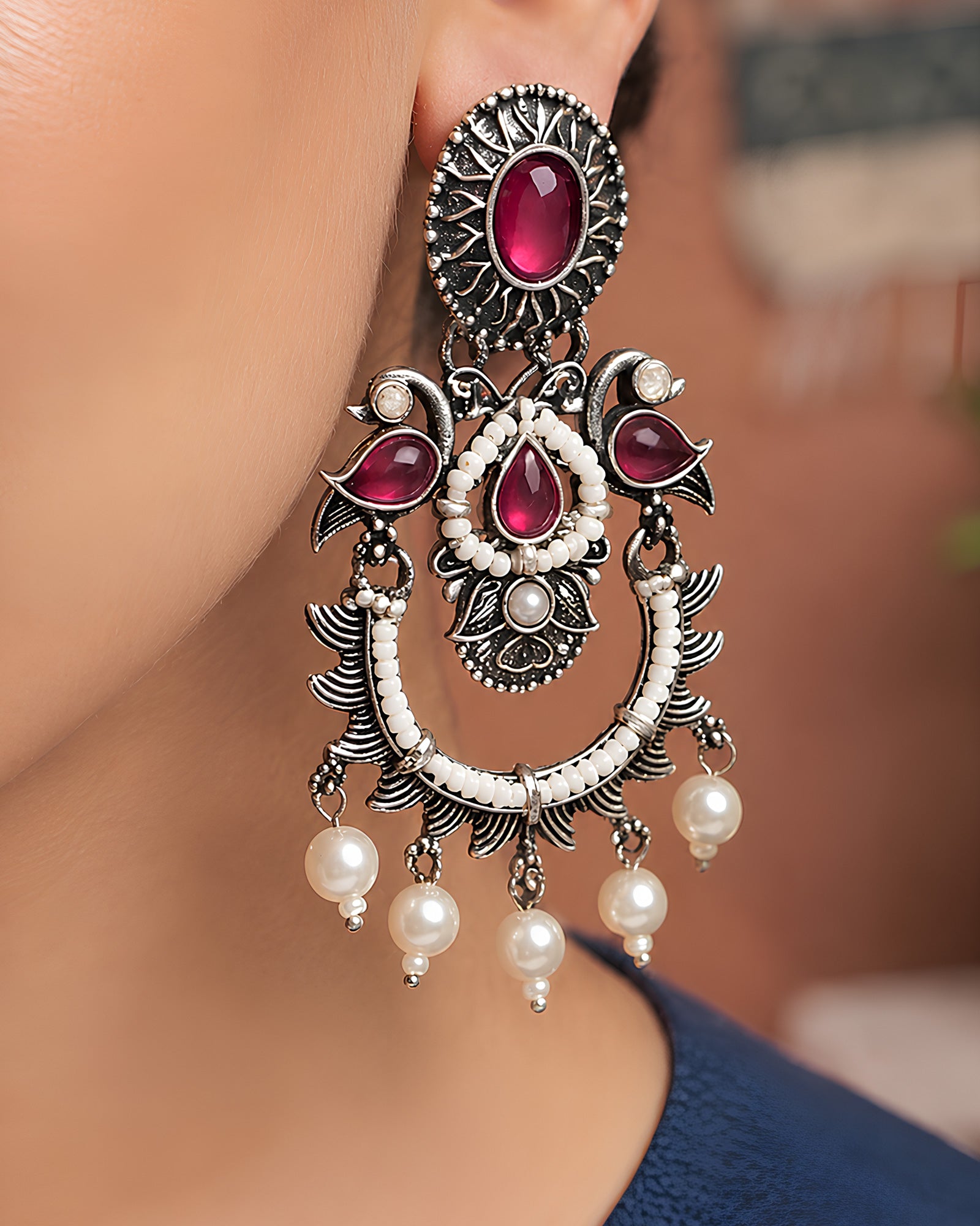 Ruby Sunburst & Pearl-Beaded Chandbali Oxidized Earrings