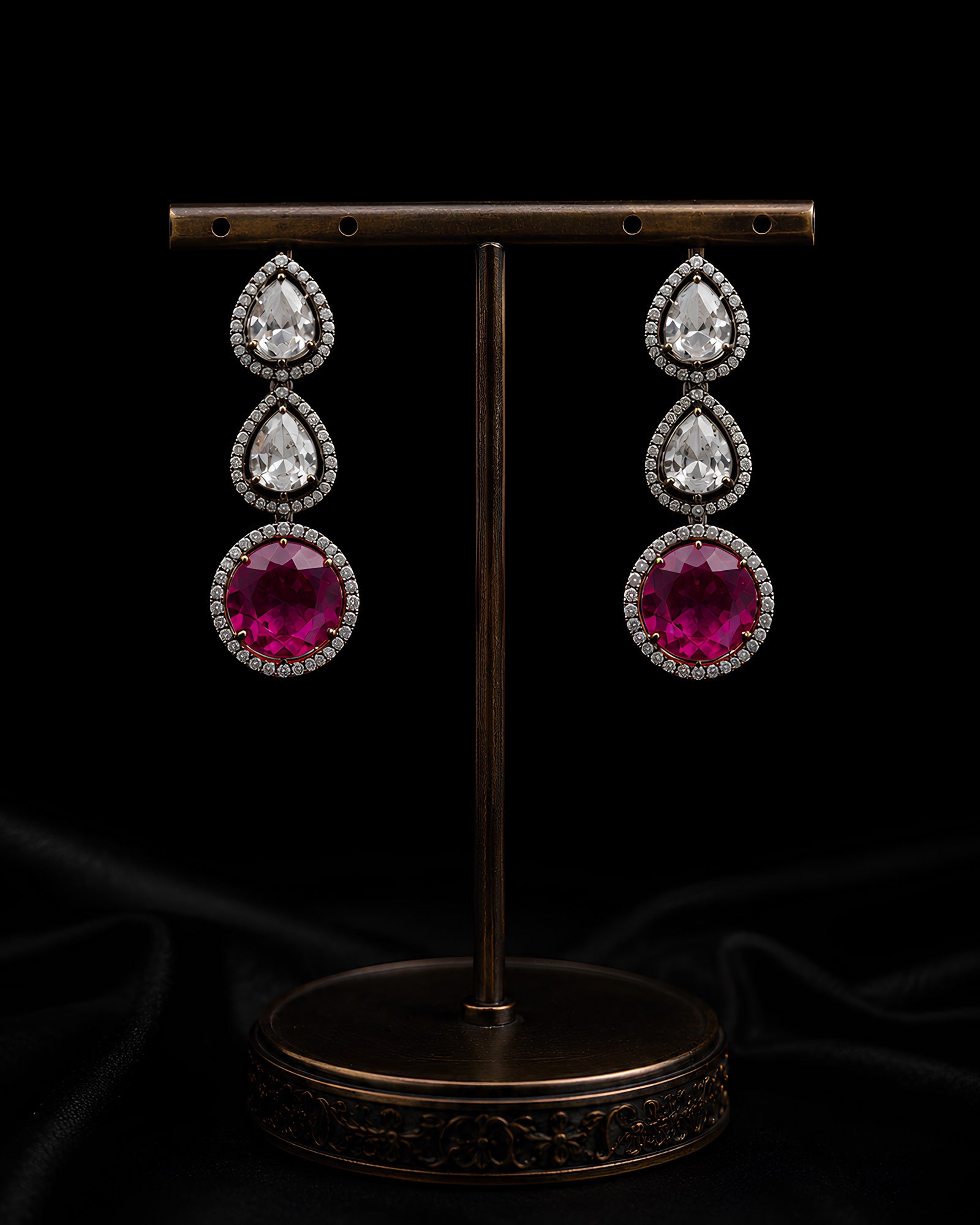 Ruby Teardrop & Crystal Tiered Earrings