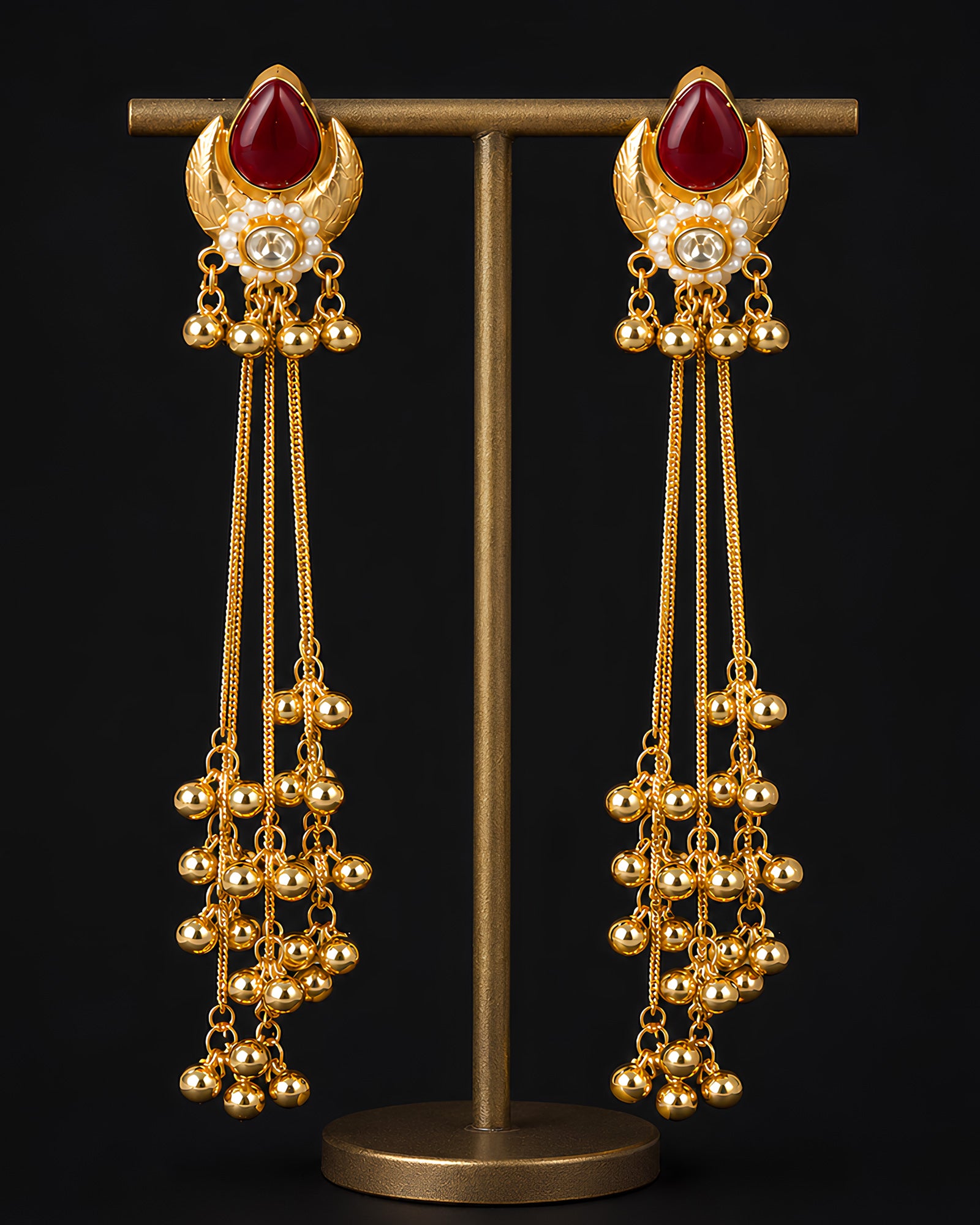 Ruby Teardrop & Multi-Chain Bead Drop Earrings