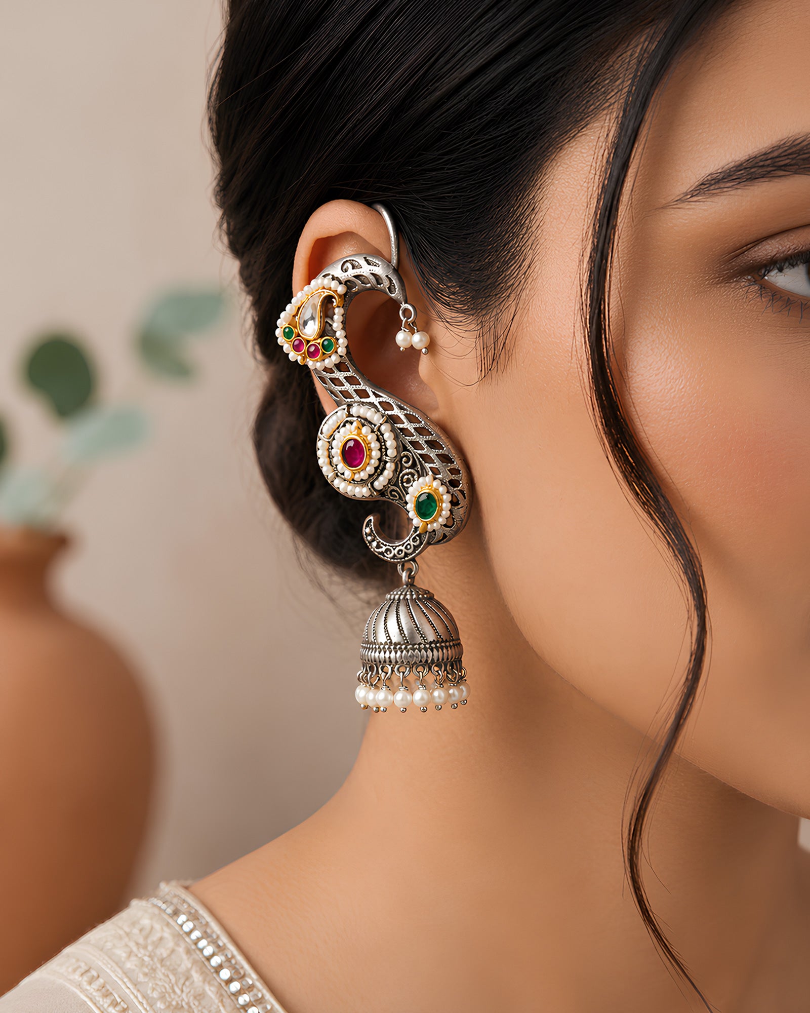 Silver Oxidized Paisley Motif Ear Cuff Jhumkas