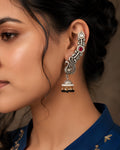 Silver Oxidized Peacock Ear Cuff Black Bead Jhumkas