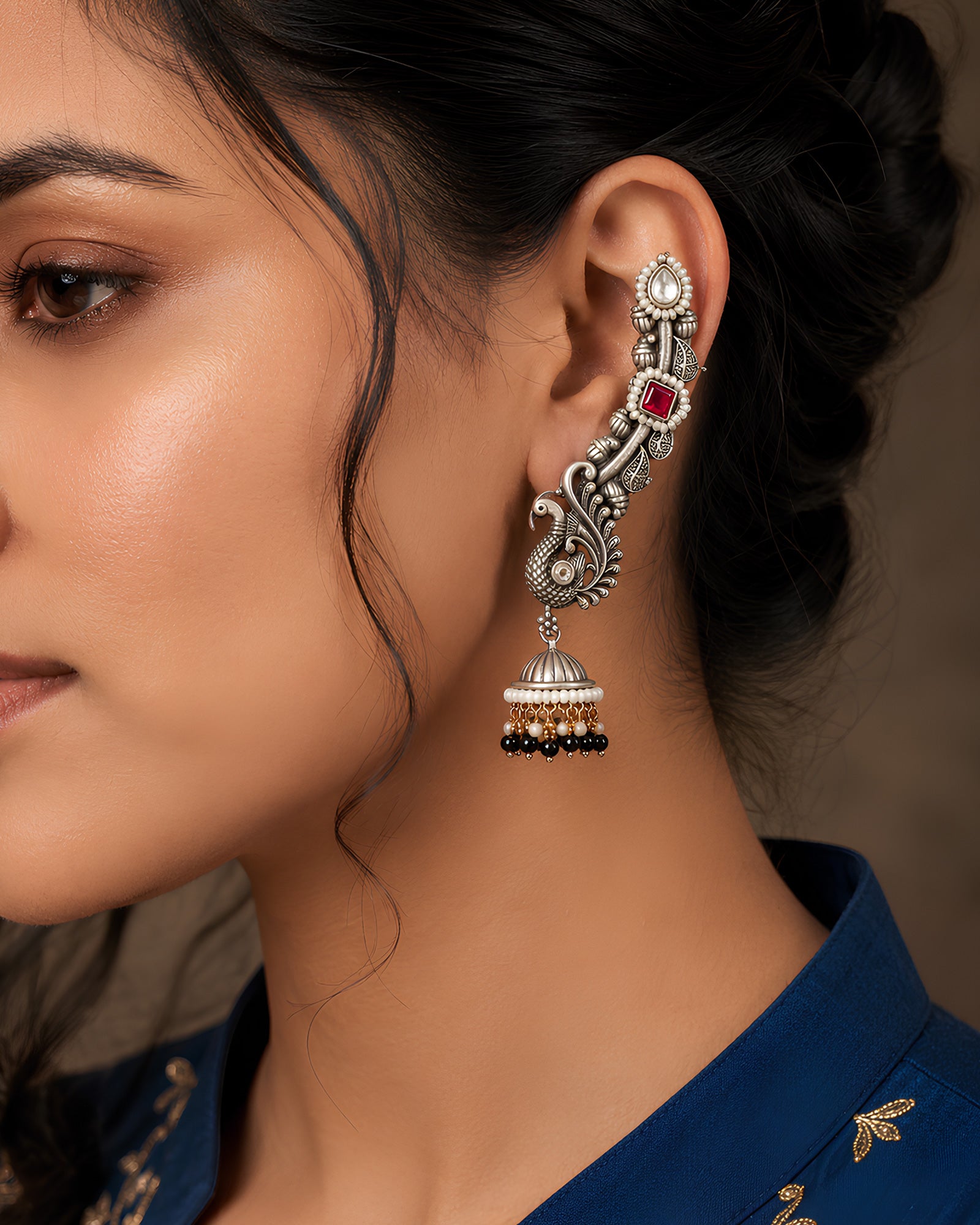 Silver Oxidized Peacock Ear Cuff Black Bead Jhumkas