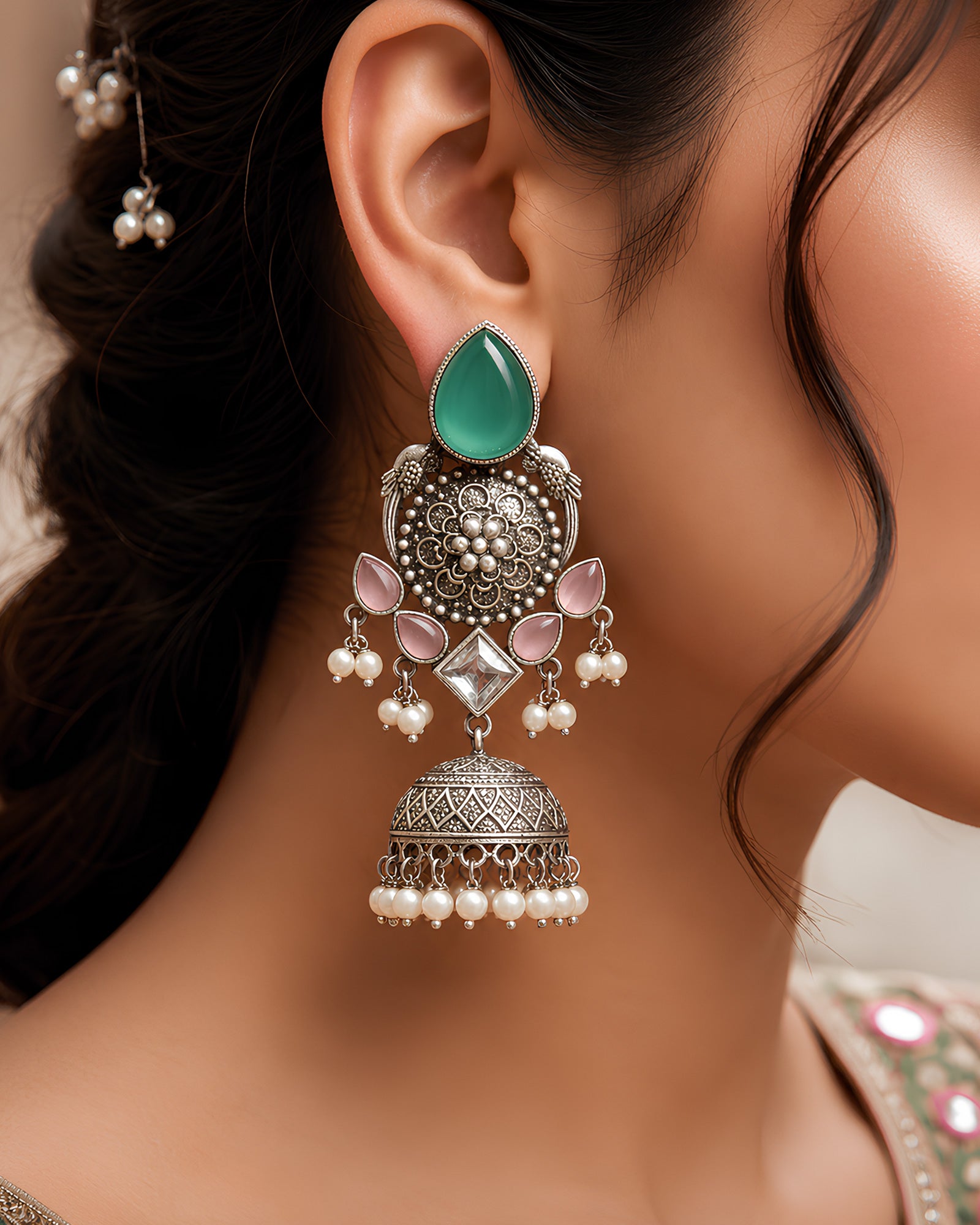 Silver Oxidized Sea Green Stone Ornate Jhumka Earrings