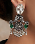 Solitaire Crystal & Green Stone Fish Motif Oxidized Earrings