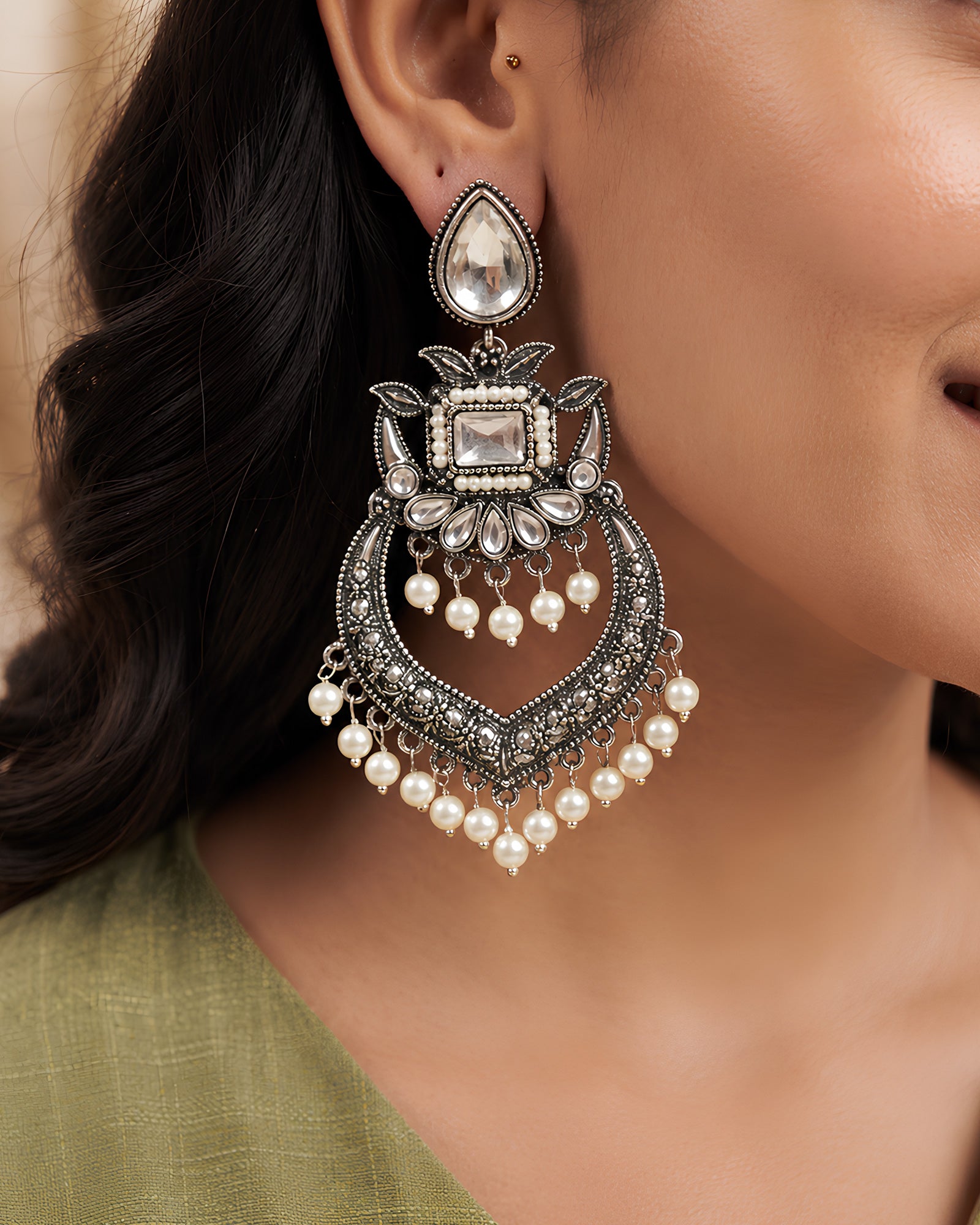 Solitaire Teardrop & Pearl-Beaded Chandbali Oxidized Earrings