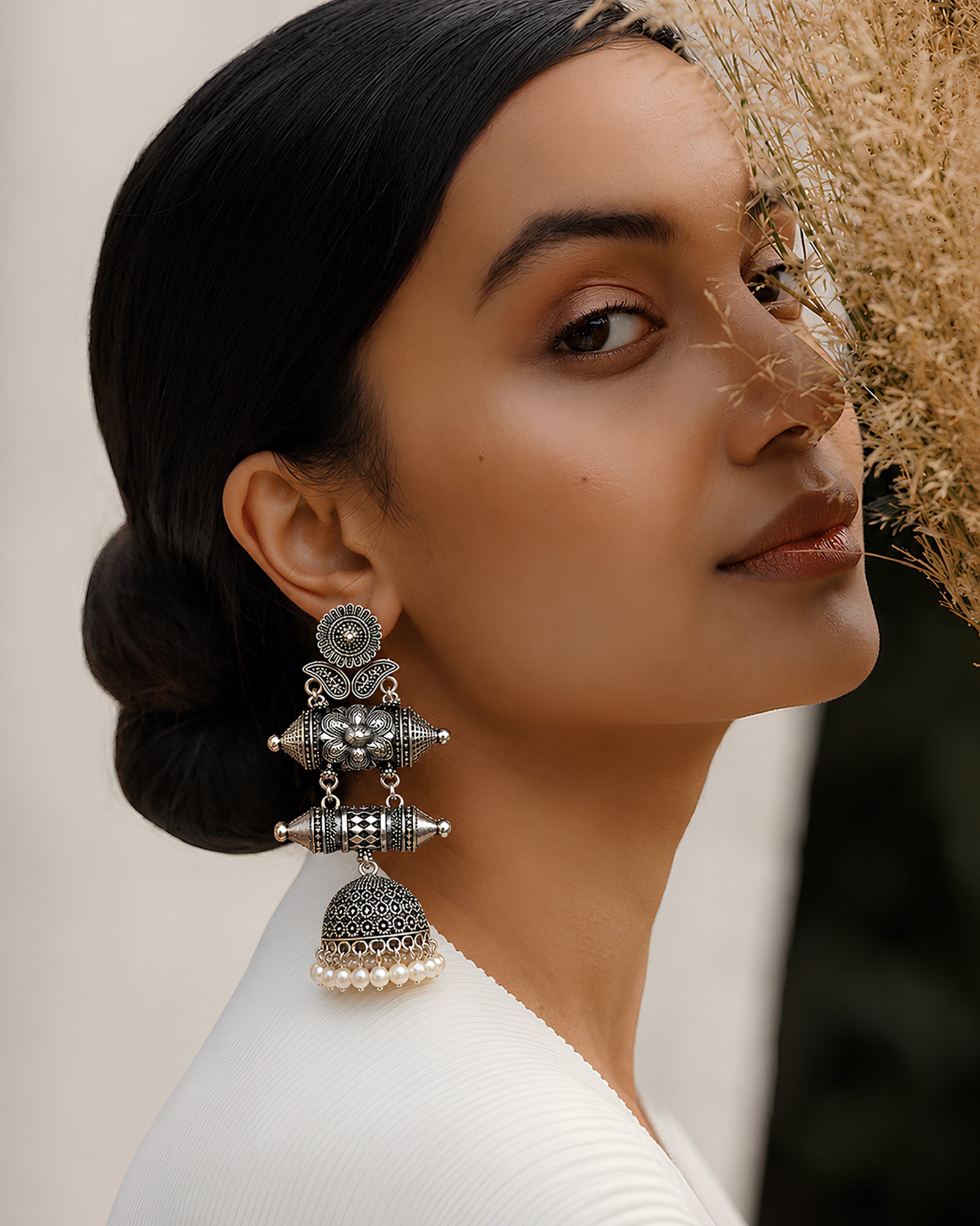 Stamped Memories Pearl-Drop Oxidized Jhumkas