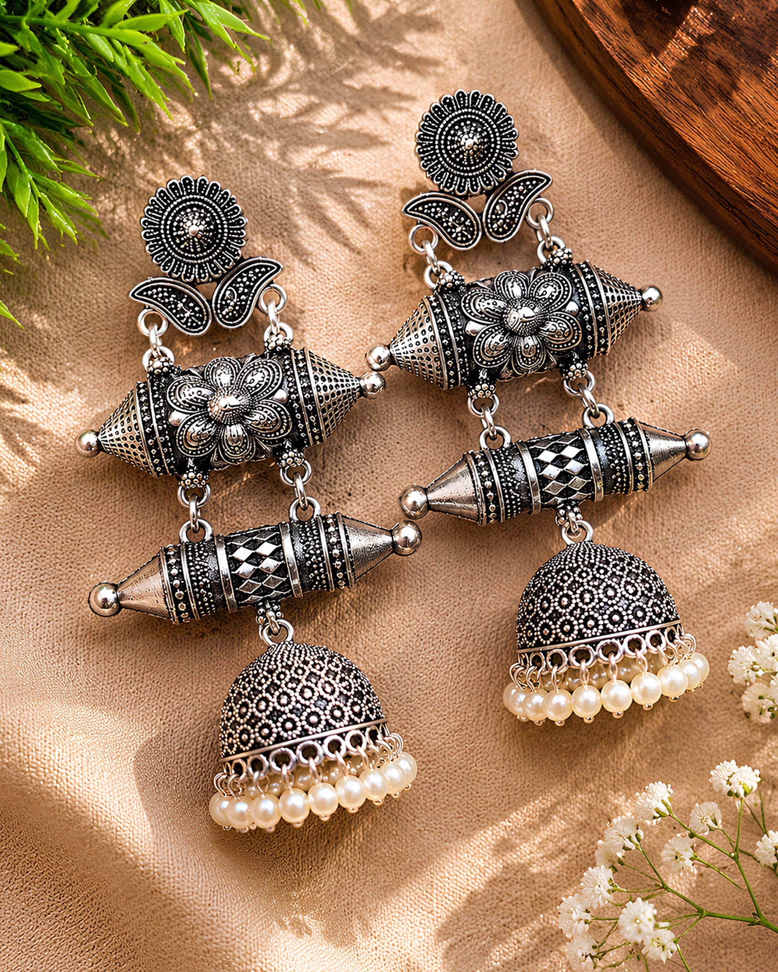 Stamped Memories Pearl-Drop Oxidized Jhumkas