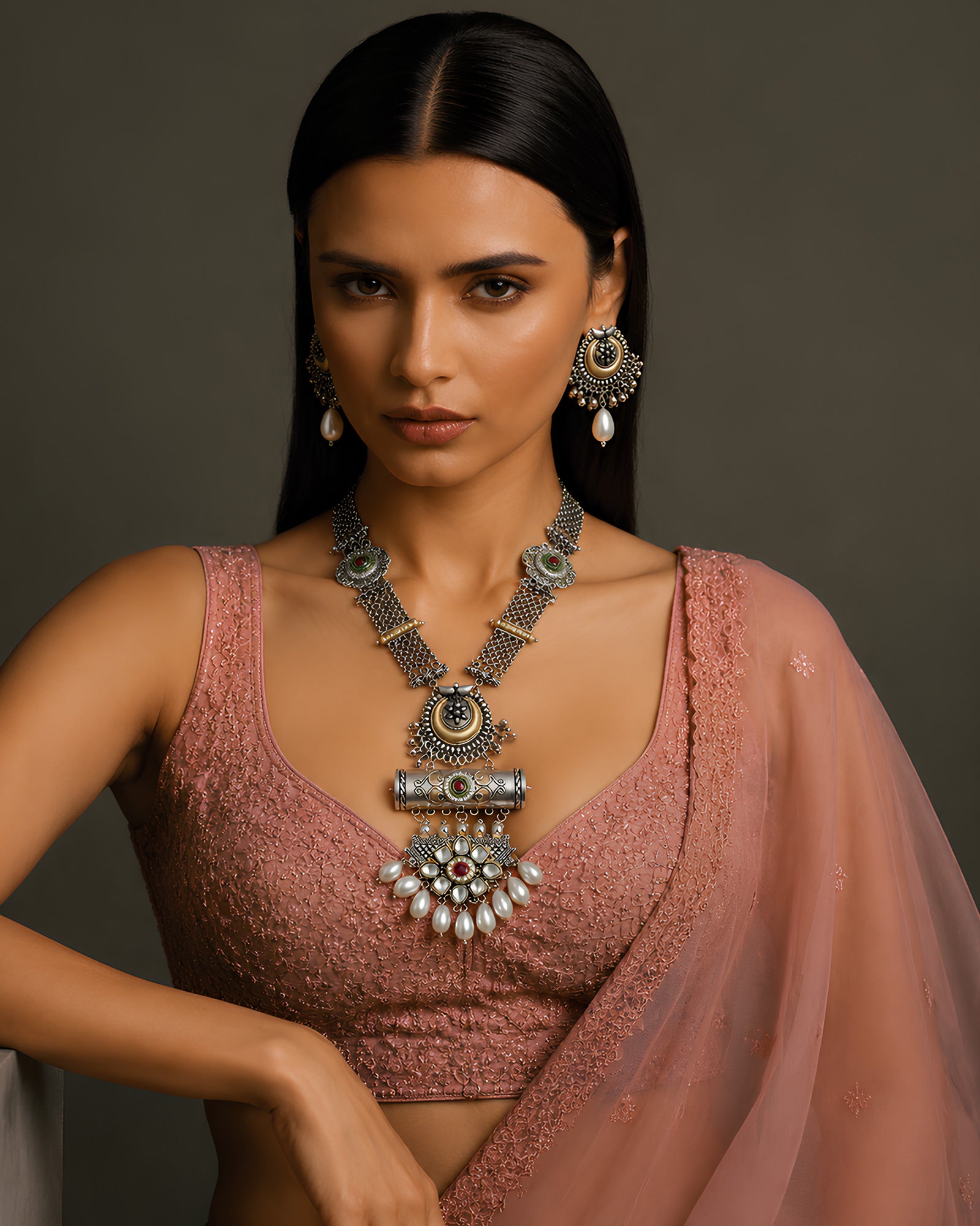 Stone-Embellished Tribal Pendant Oxidized Necklace