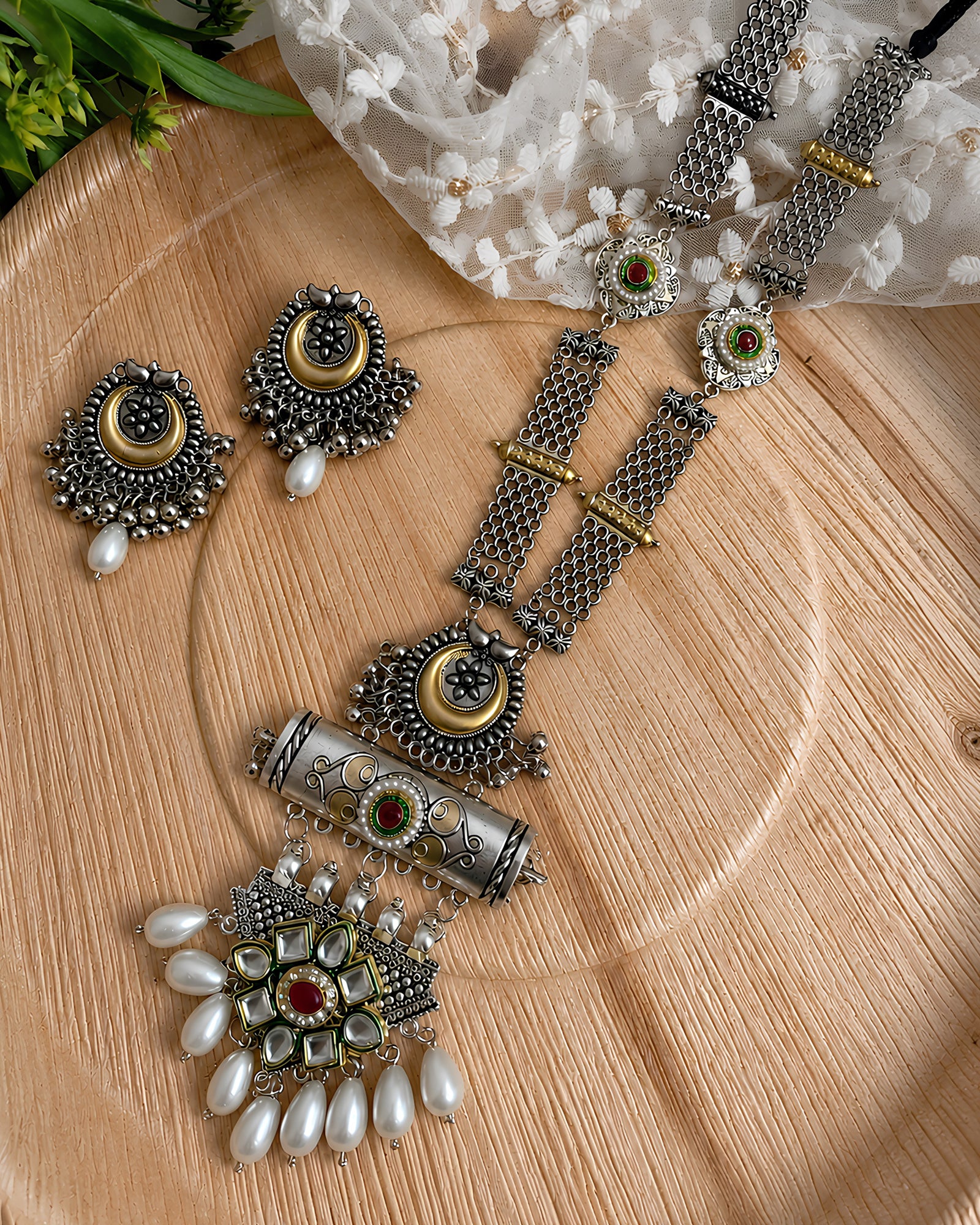 Stone-Embellished Tribal Pendant Oxidized Necklace