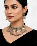 Sunburst Medallion & Coin-Fringed Oxidized Choker
