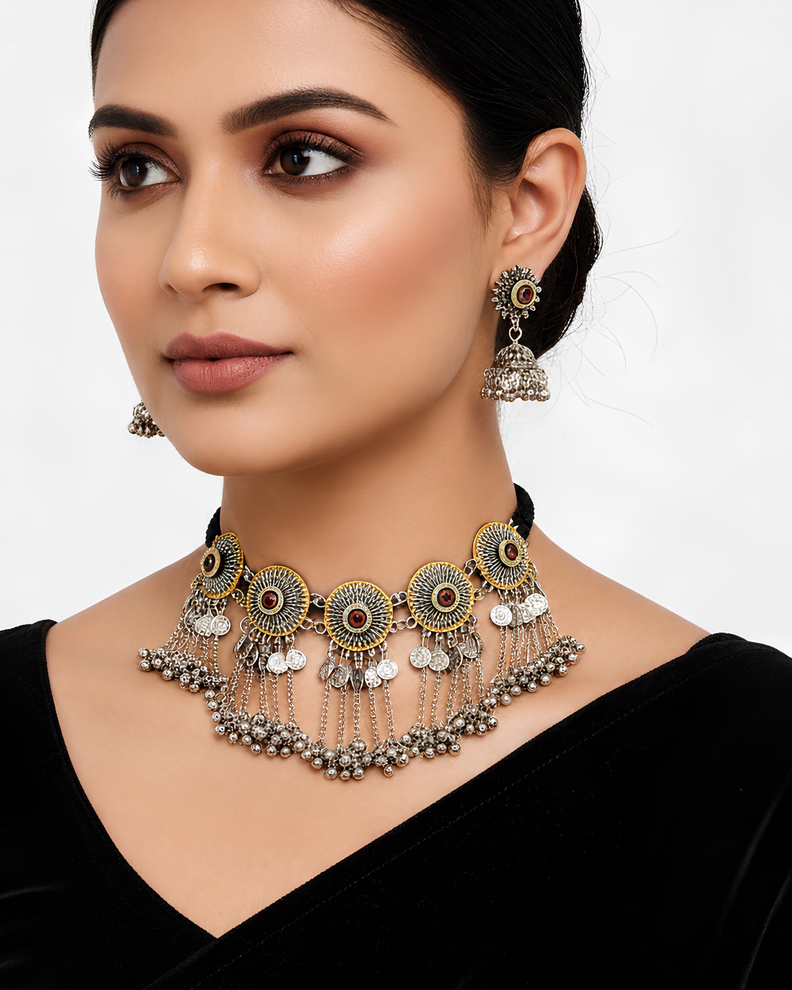 Sunburst Medallion & Coin-Fringed Oxidized Choker
