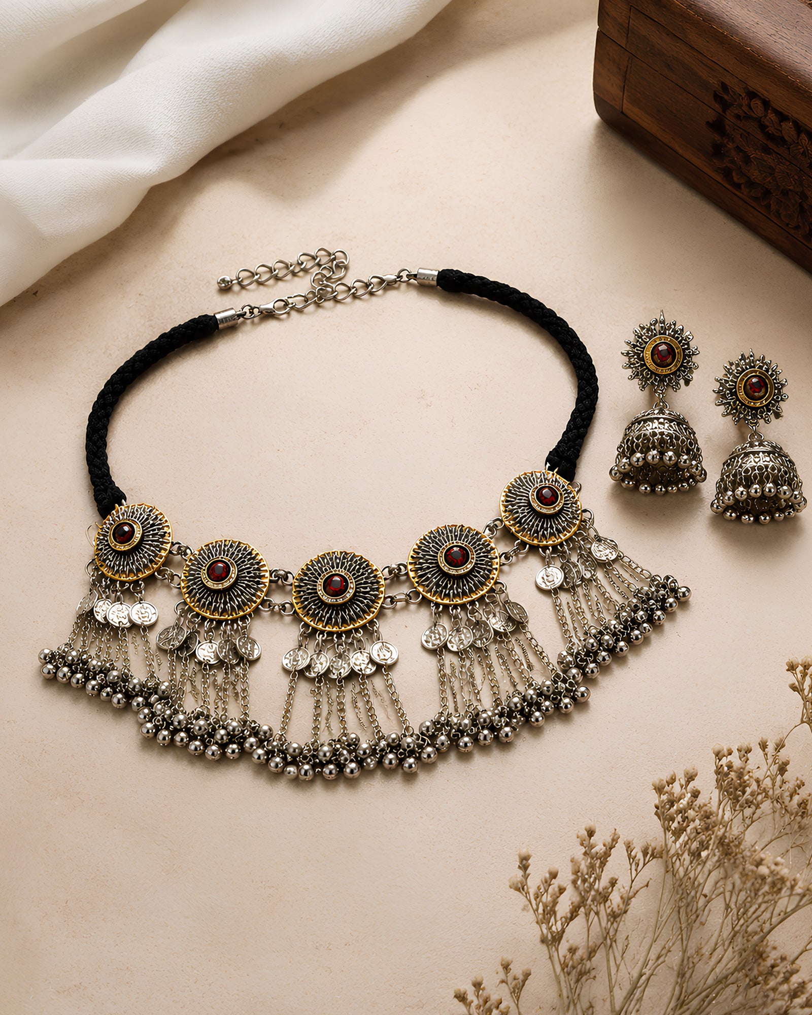 Sunburst Medallion & Coin-Fringed Oxidized Choker