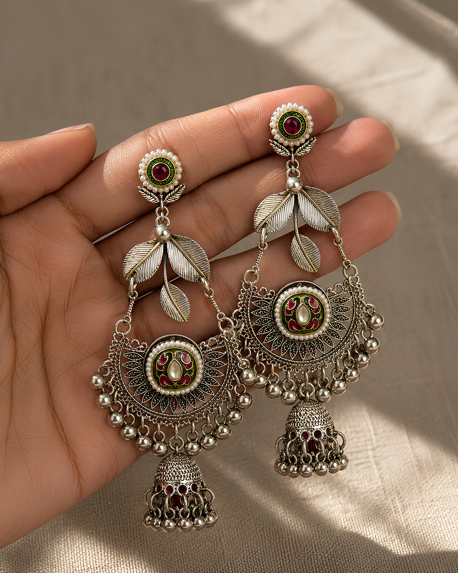 Sylvara Foliage Meenakari Oxidized Jhumkas