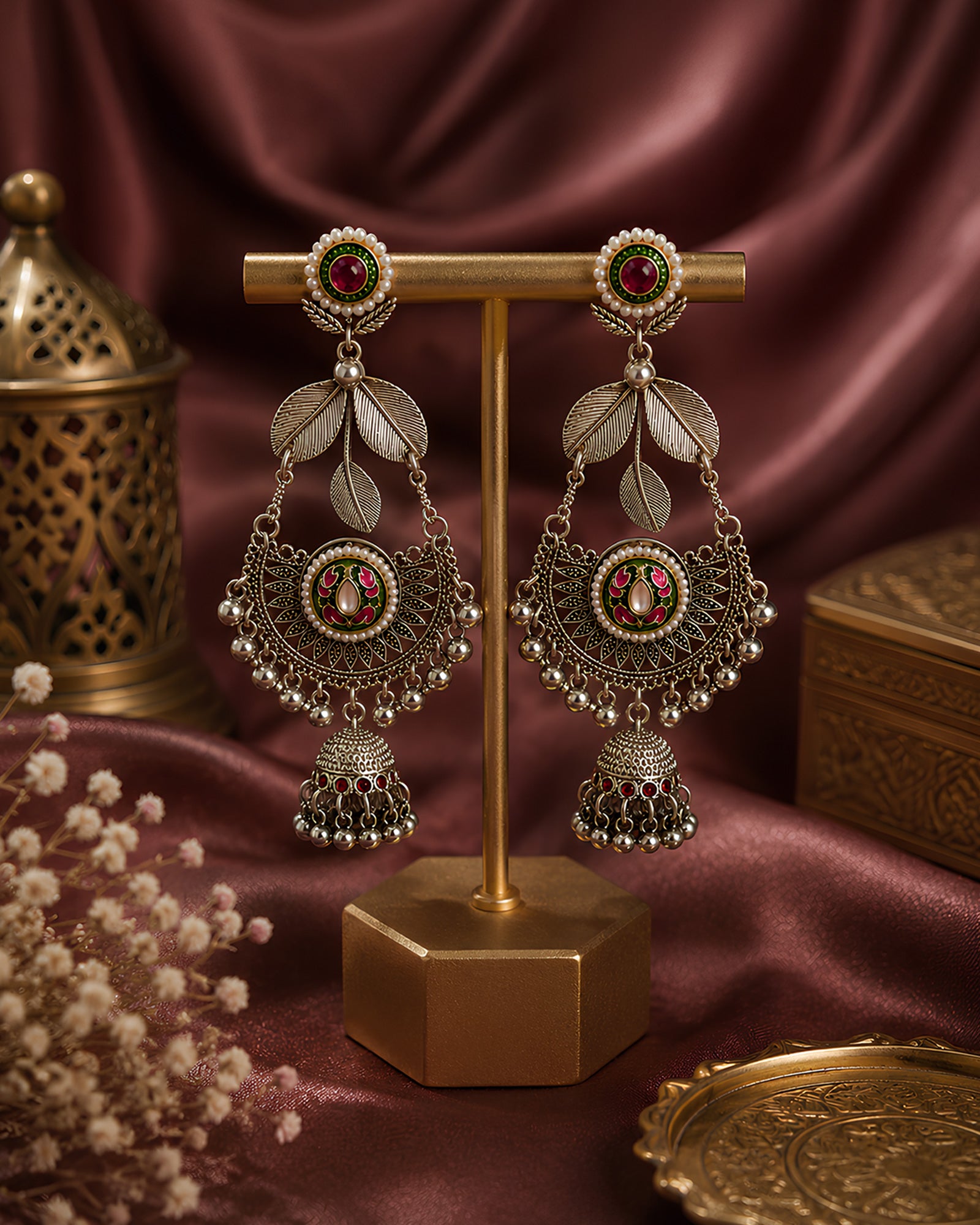 Sylvara Foliage Meenakari Oxidized Jhumkas