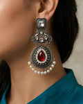 Teardrop Stone & Pearl Embellished Oxidized Earrings