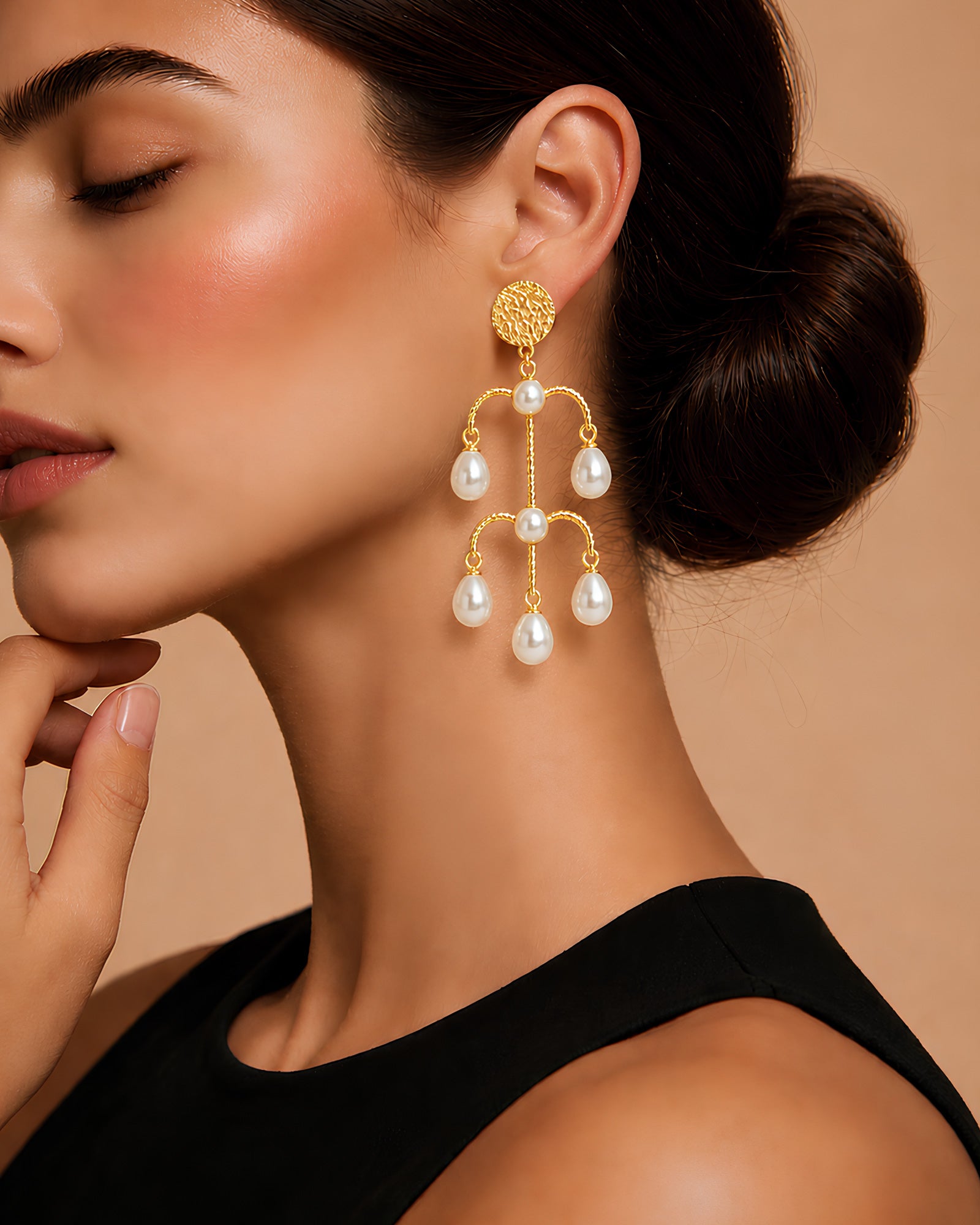 Textured Gold & Lustrous Pearl Arch Earrings