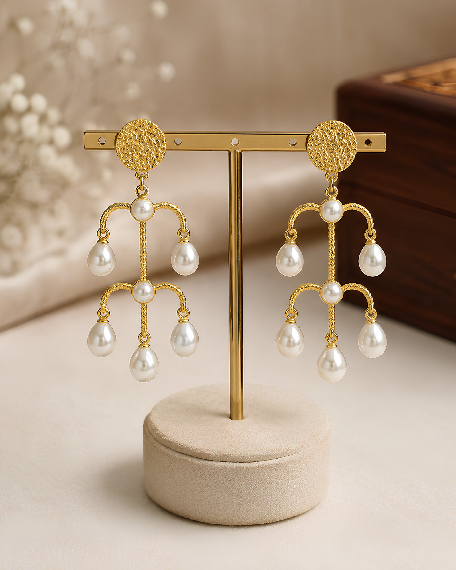 Textured Gold & Lustrous Pearl Arch Earrings