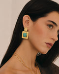 Textured Golden Square Turquoise Stone Earrings
