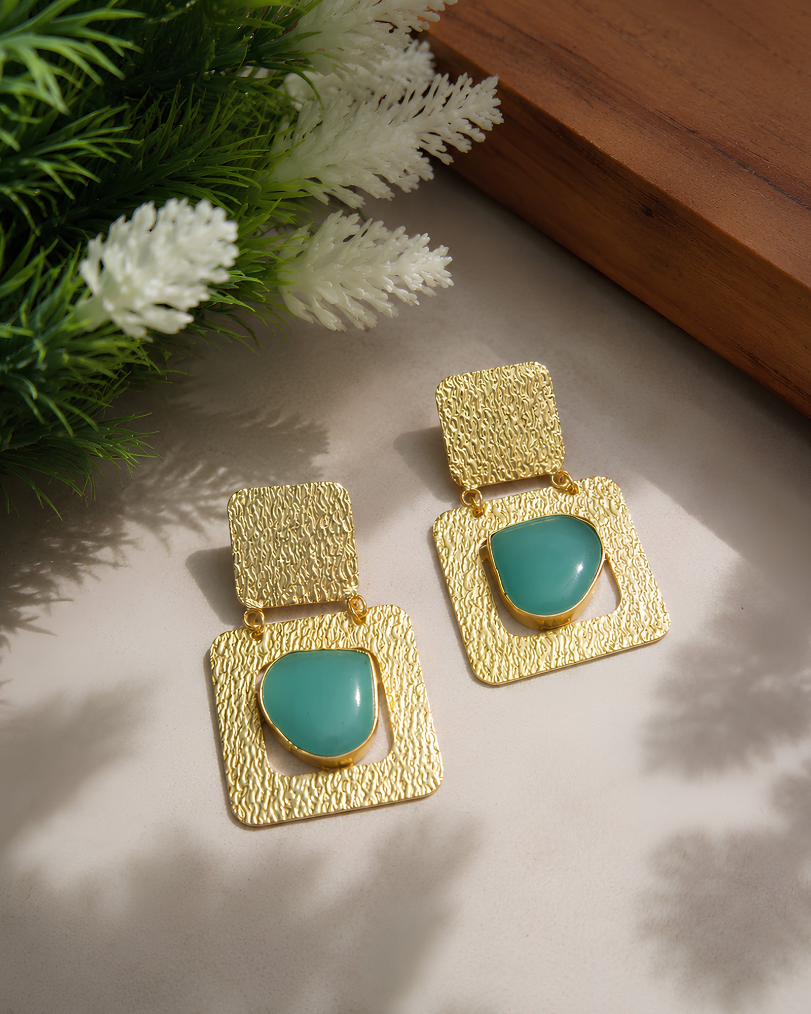 Textured Golden Square Turquoise Stone Earrings