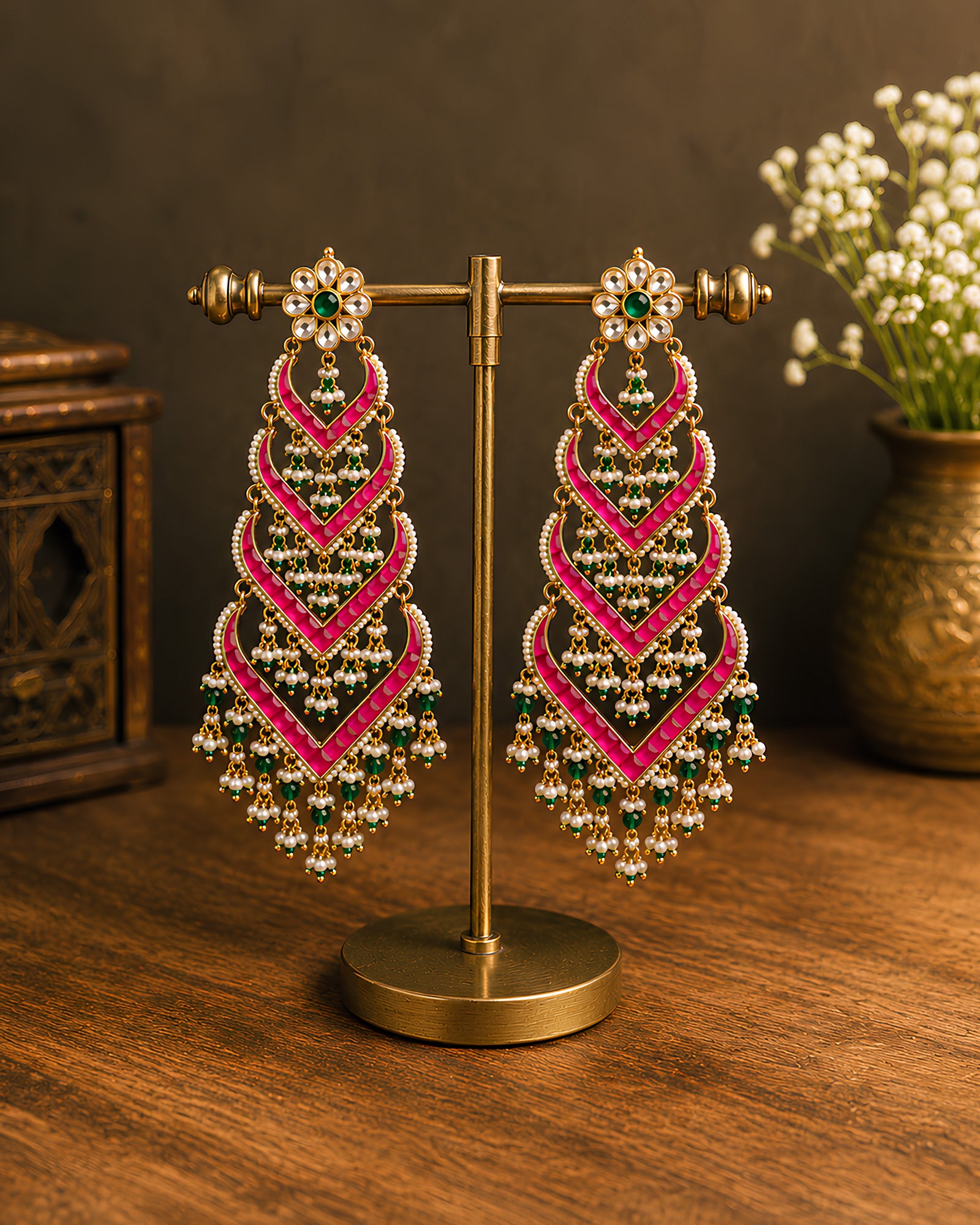 Tiered Enamel & Pearl Statement Earrings
