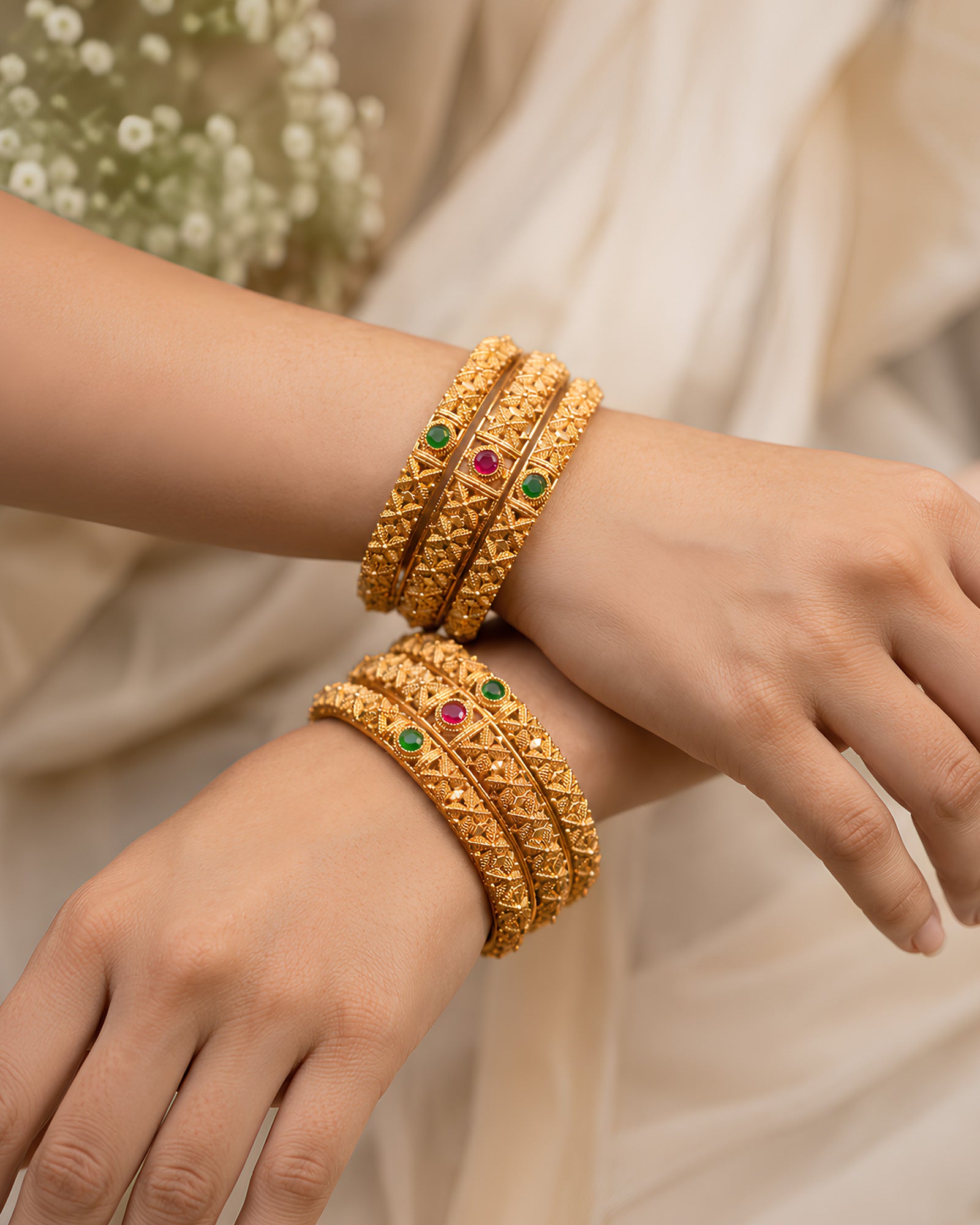 Traditional Floral Engraved Gold-Tone Bangles