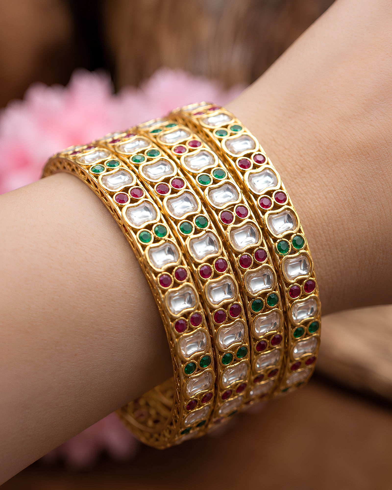 Traditional Kundan & Gemstone Gold-Toned Bangles