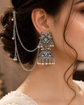 Traditional Peacock Motif Oxidized Jhumkas with Multi-Layer Hair Chain