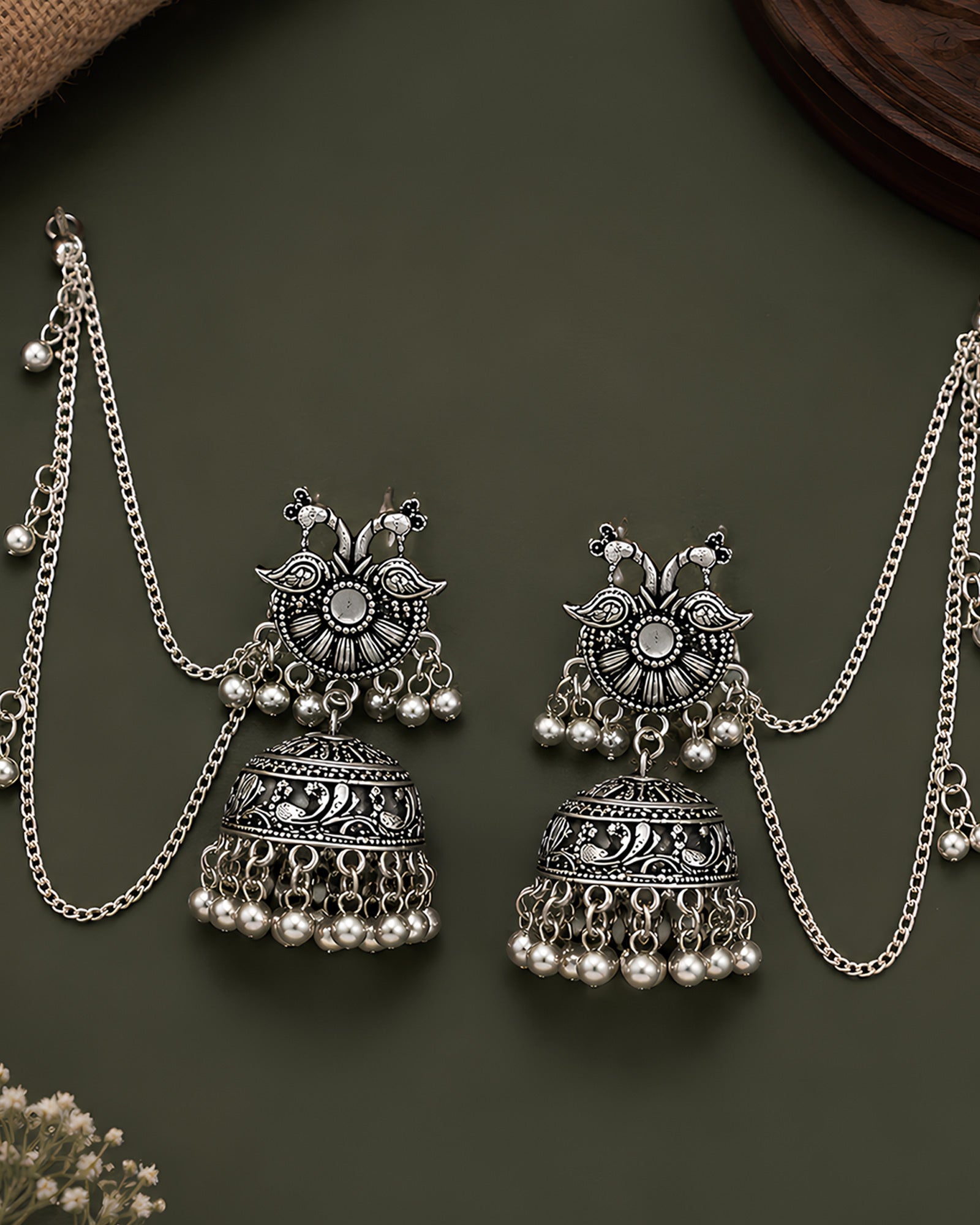 Traditional Peacock Motif Oxidized Jhumkas with Multi-Layer Hair Chain