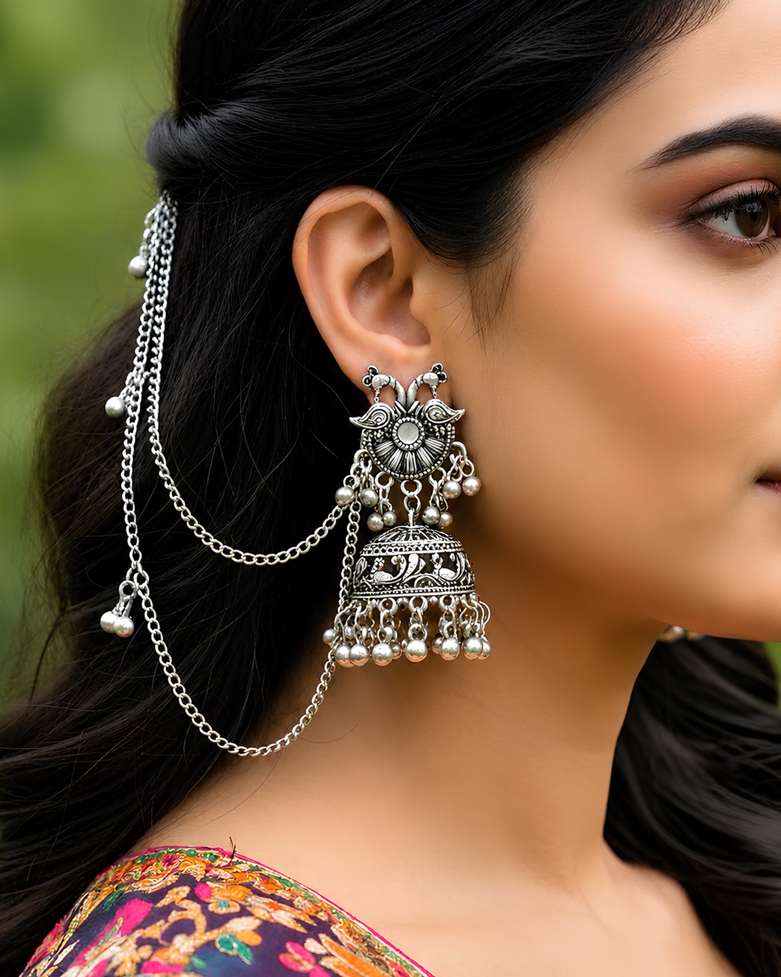 Traditional Peacock Motif Oxidized Jhumkas with Multi-Layer Hair Chain