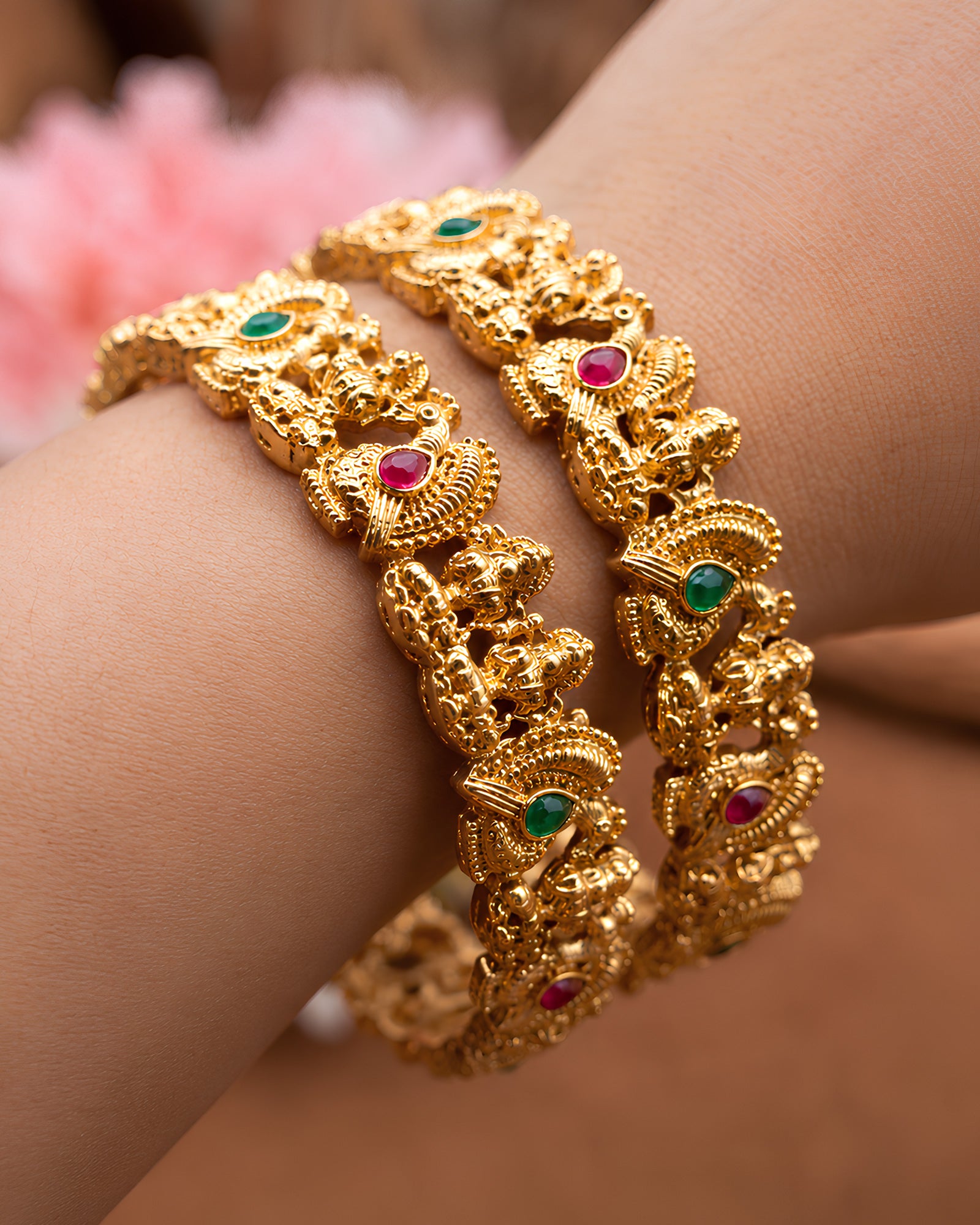 Traditional Peacock Motif Temple Bangles