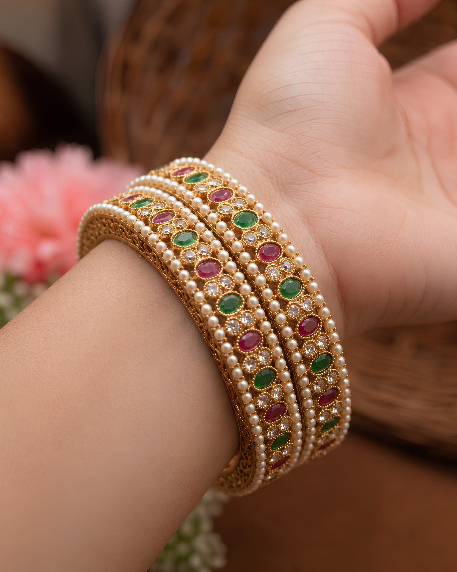 Traditional Pearl & Gemstone Gold-Tone Bangles