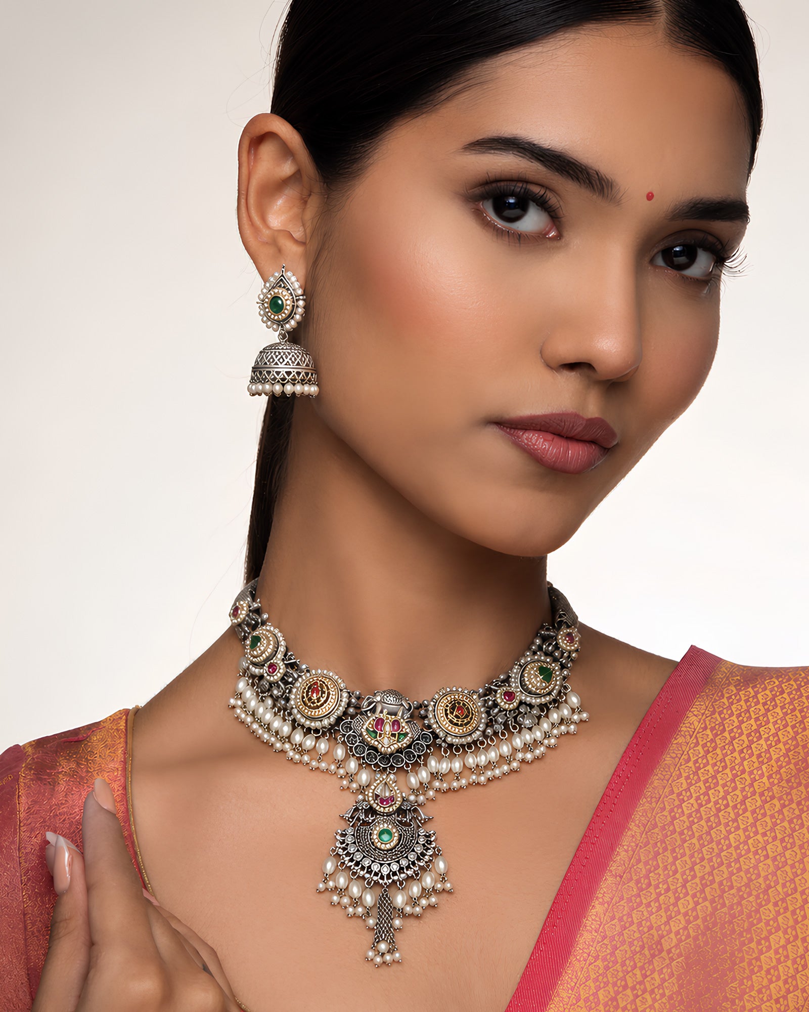 Traditional Pearl & Stone-Studded Oxidized Necklace