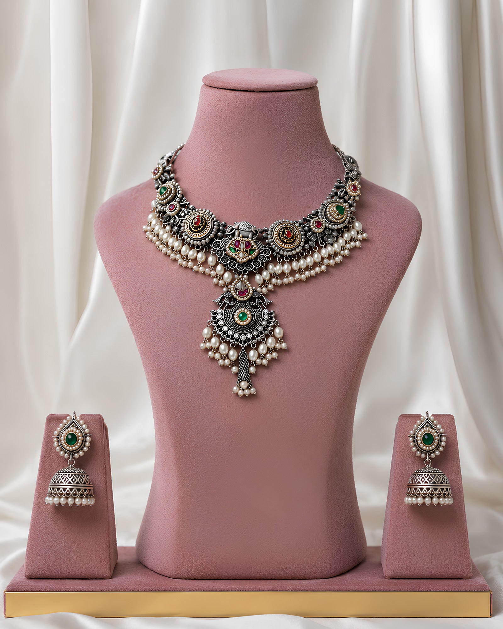 Traditional Pearl & Stone-Studded Oxidized Necklace