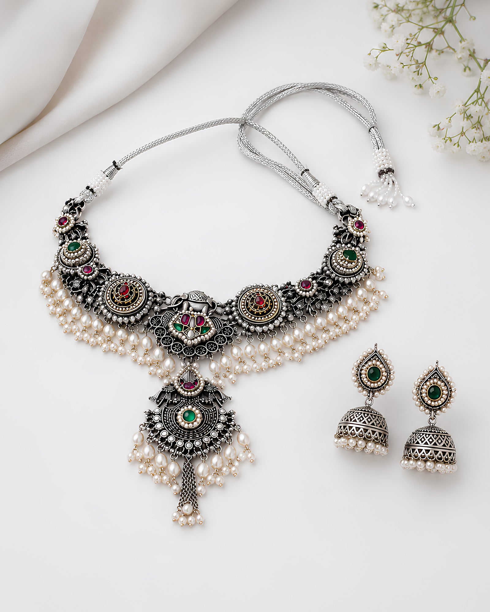 Traditional Pearl & Stone-Studded Oxidized Necklace