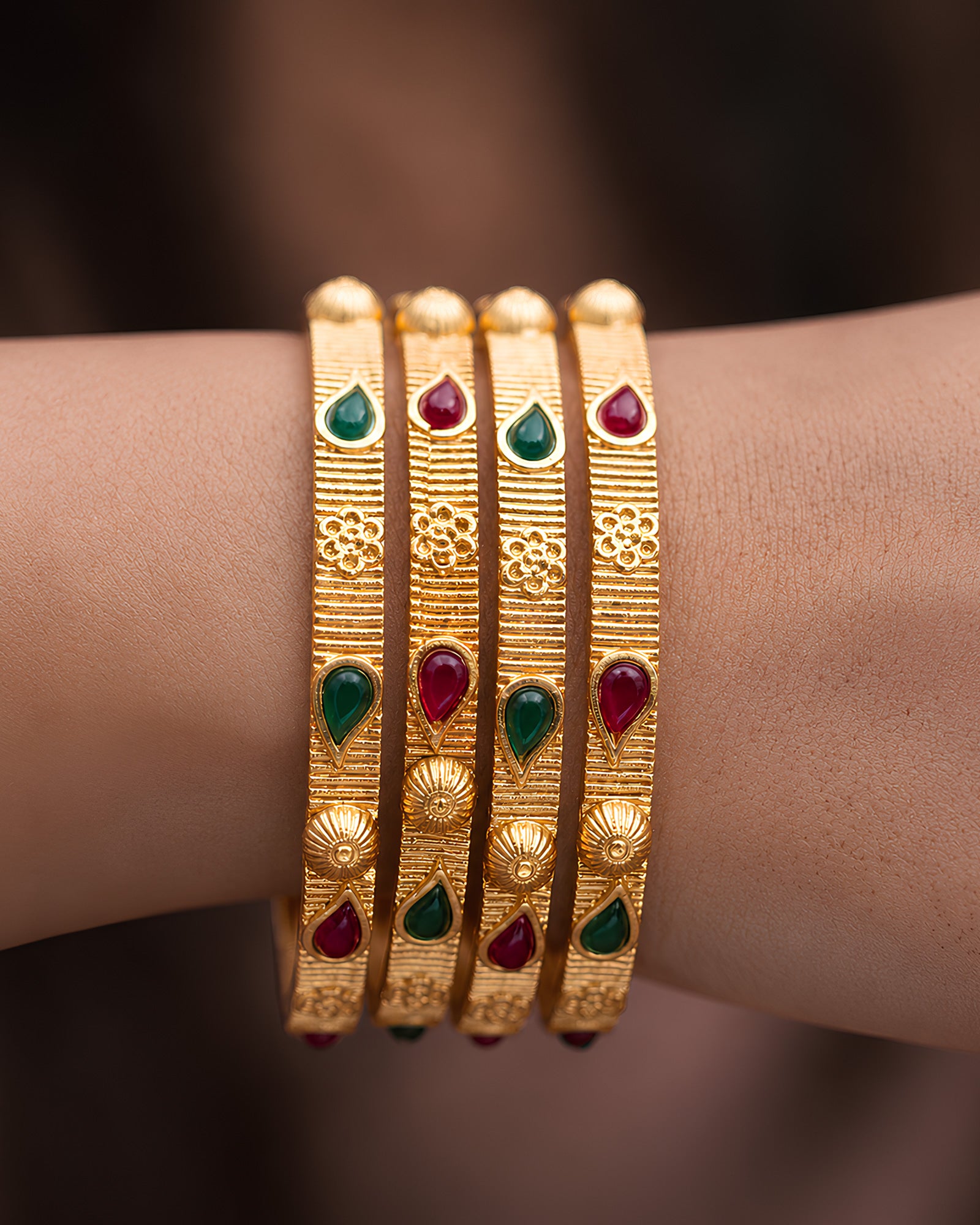 Traditional Ruby & Emerald Gold-Textured Bangles