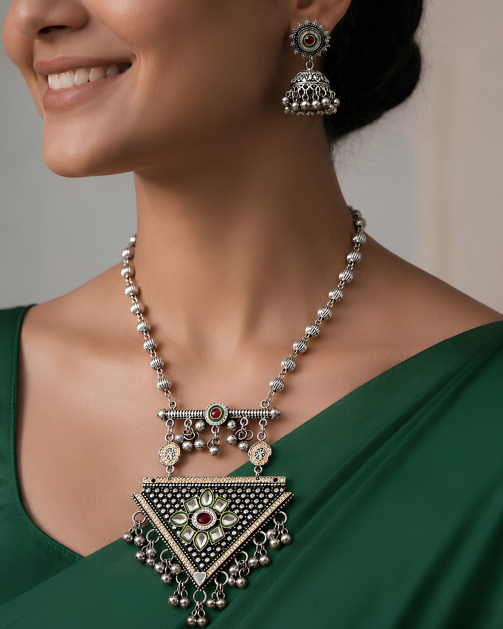 Triangular Pendant & Beaded Chain Oxidized Necklace
