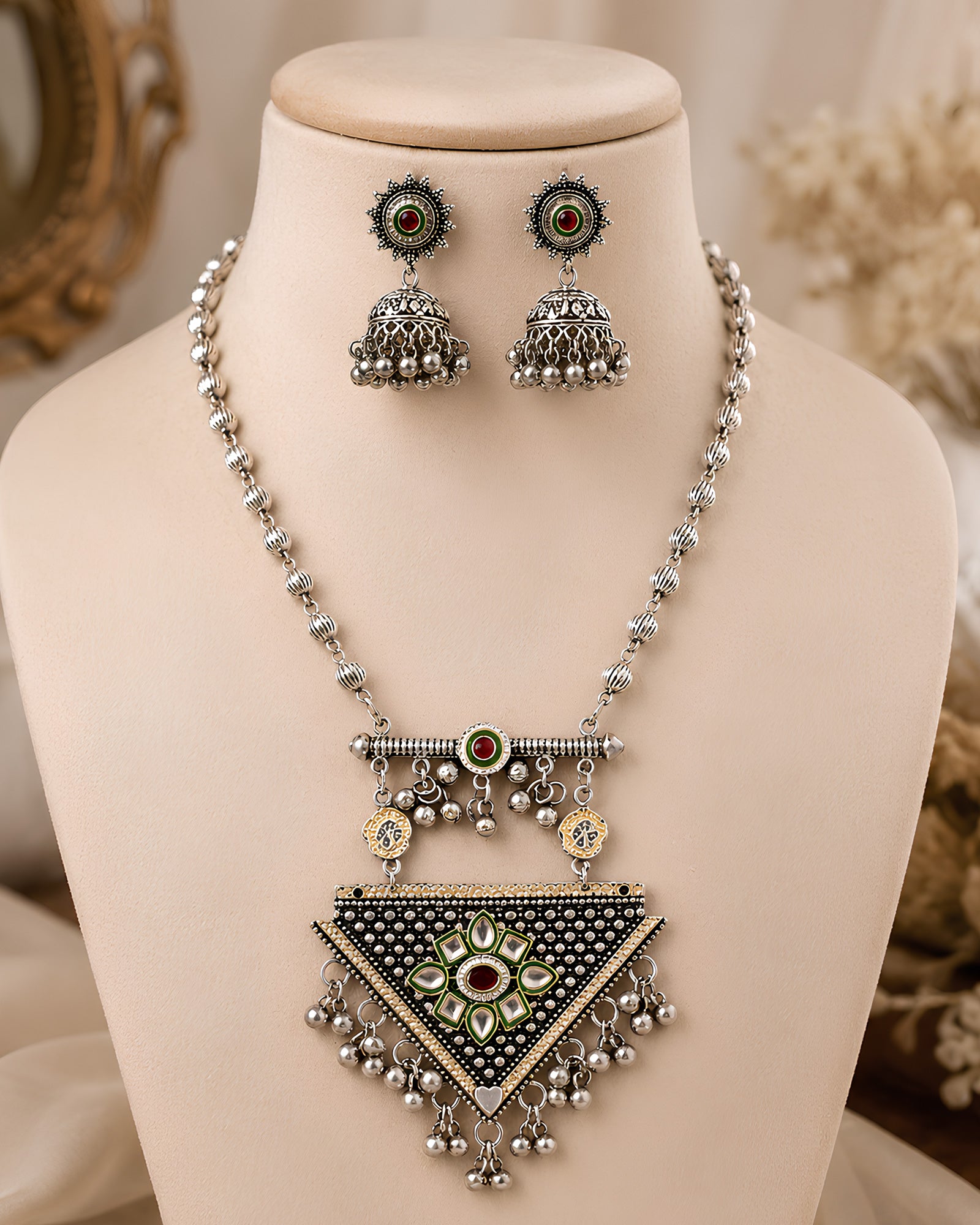 Triangular Pendant & Beaded Chain Oxidized Necklace