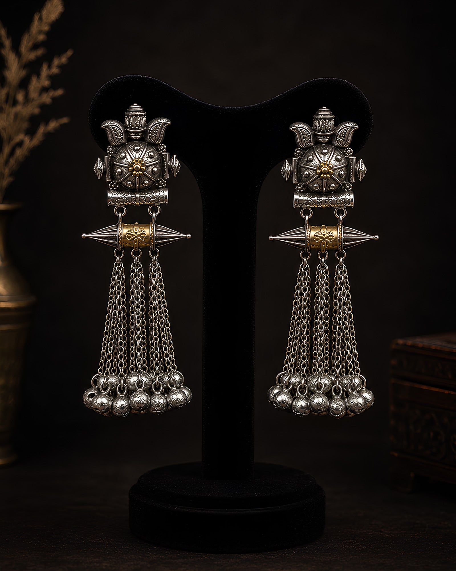 Tribal Motif Dual-Tone Tassel Earrings