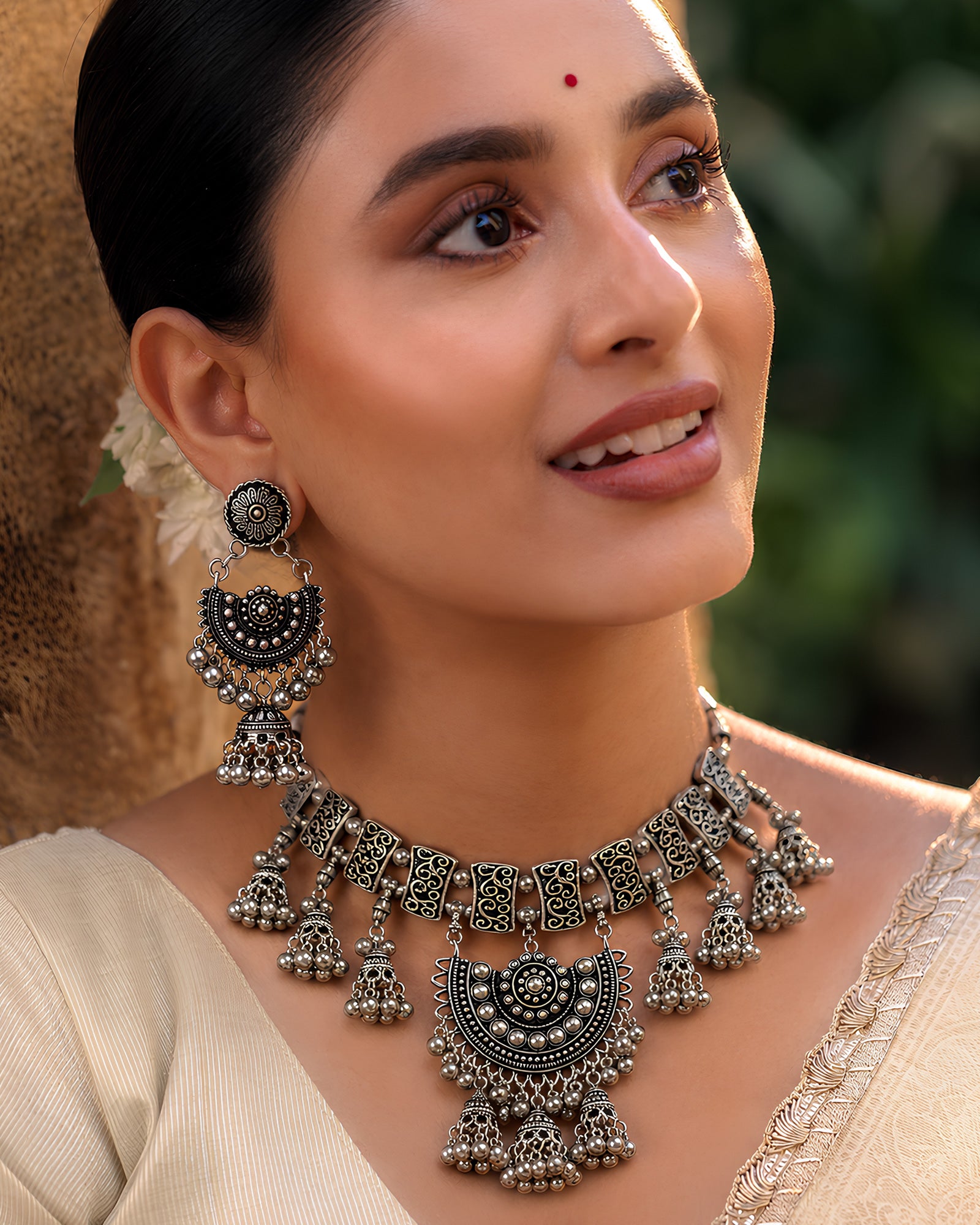 Tribal Scroll & Jhumka-Fringed Oxidized Necklace