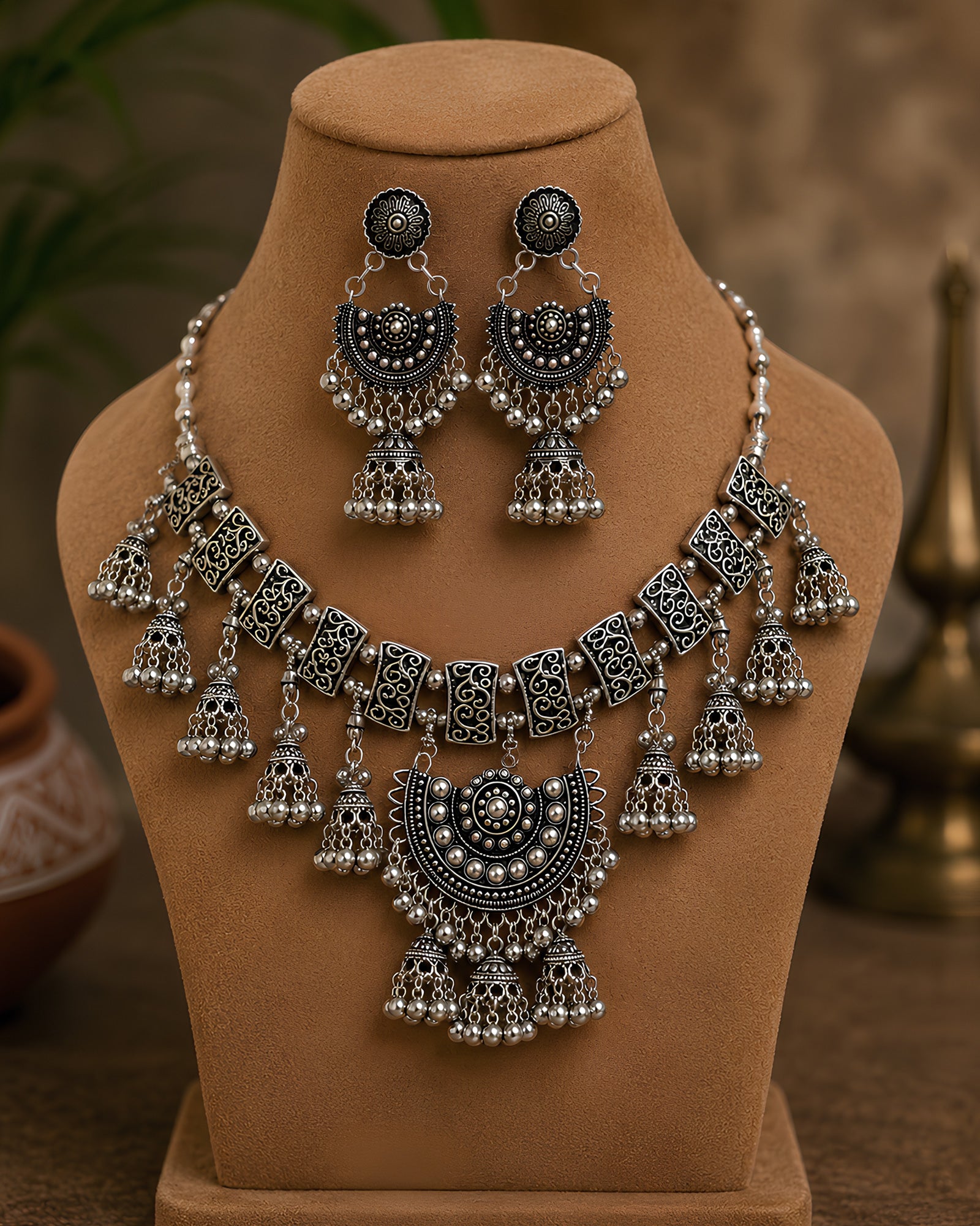 Tribal Scroll & Jhumka-Fringed Oxidized Necklace