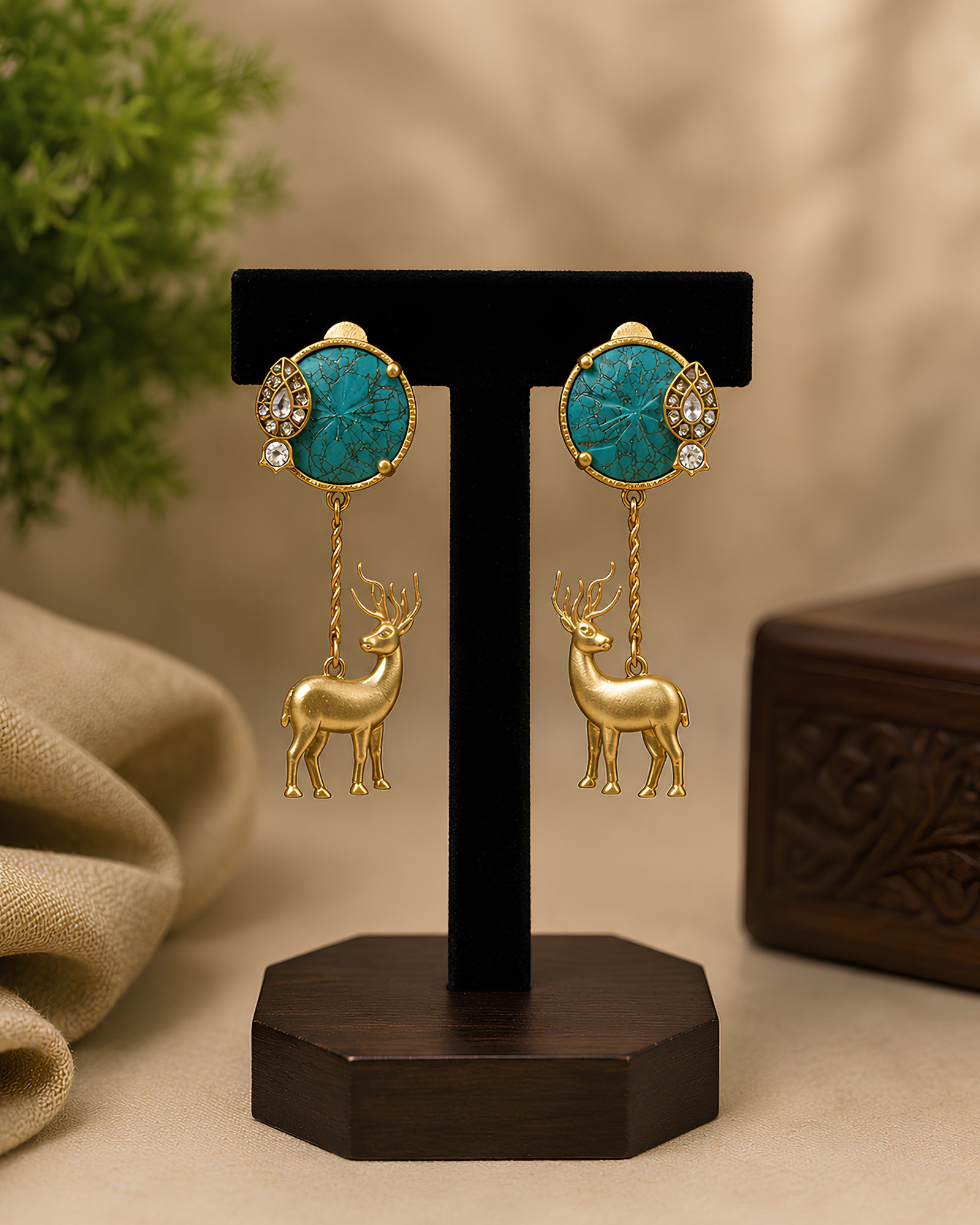 Turquoise Deer Motif Drop Earrings